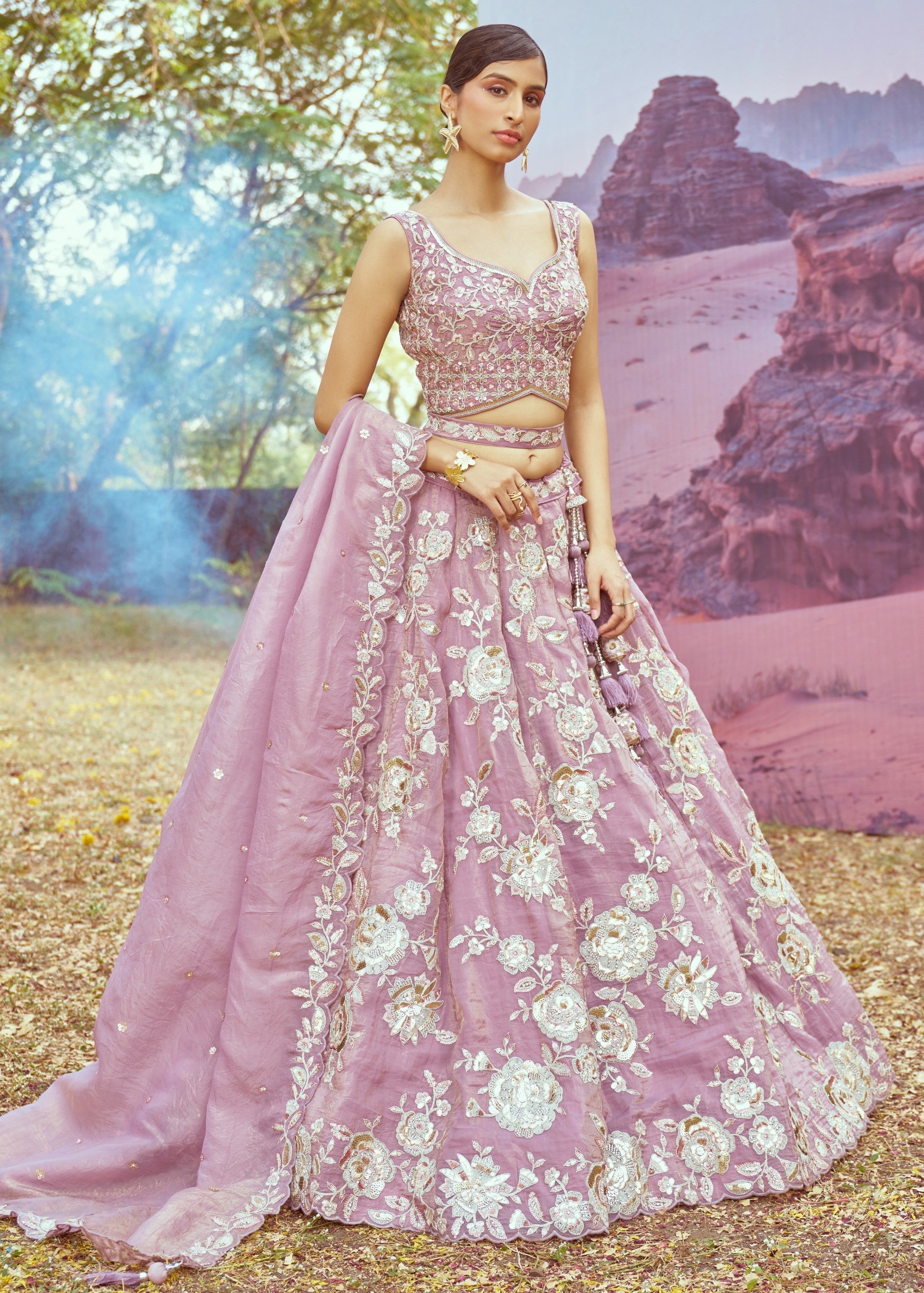 Lavender Organza Sequins embroidery Lehenga | Ready To Wear - qivii