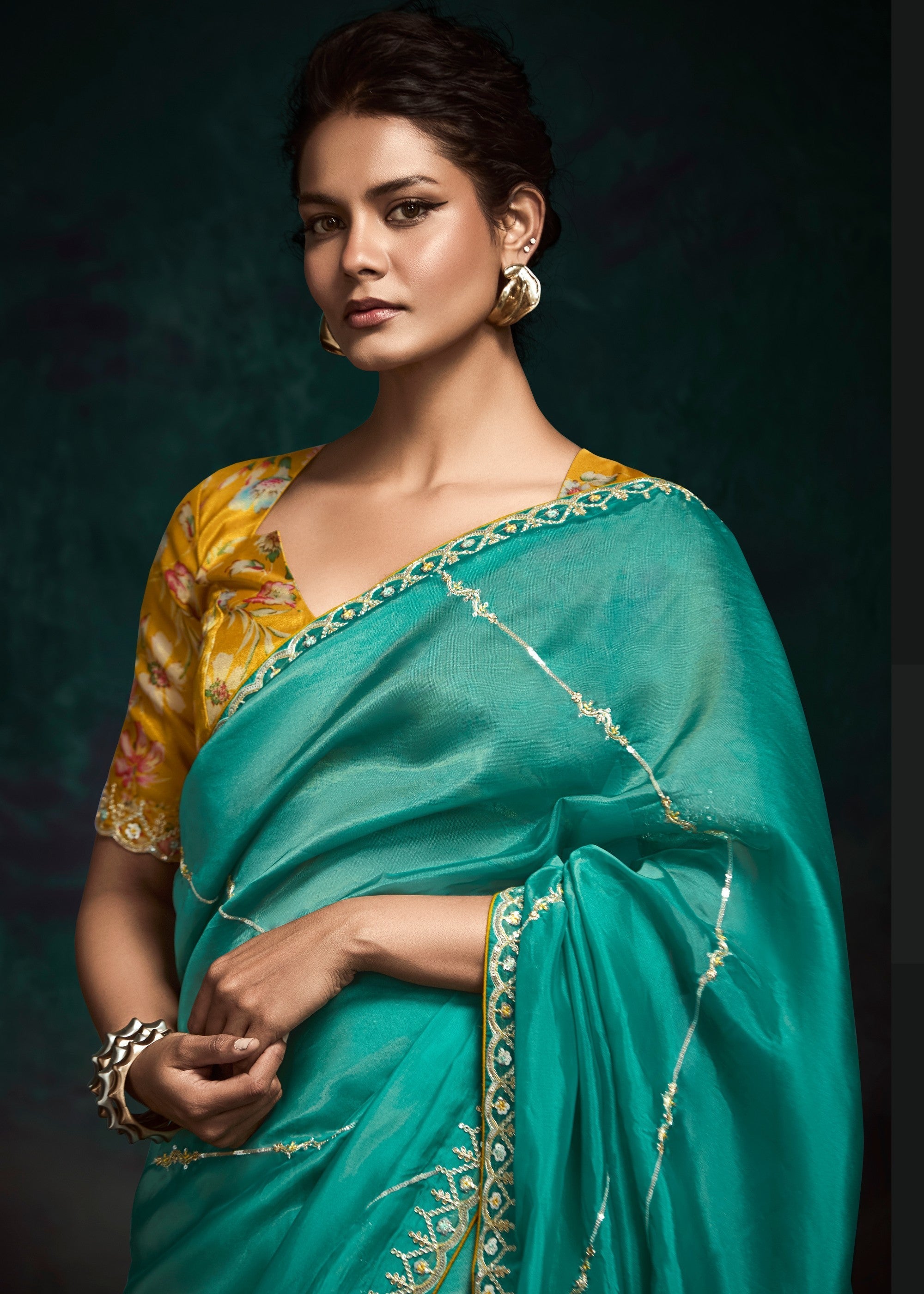 Jade Green Fancy Fabric Silk Saree With Sequins And Thread Embroidered Butti Work - qivii