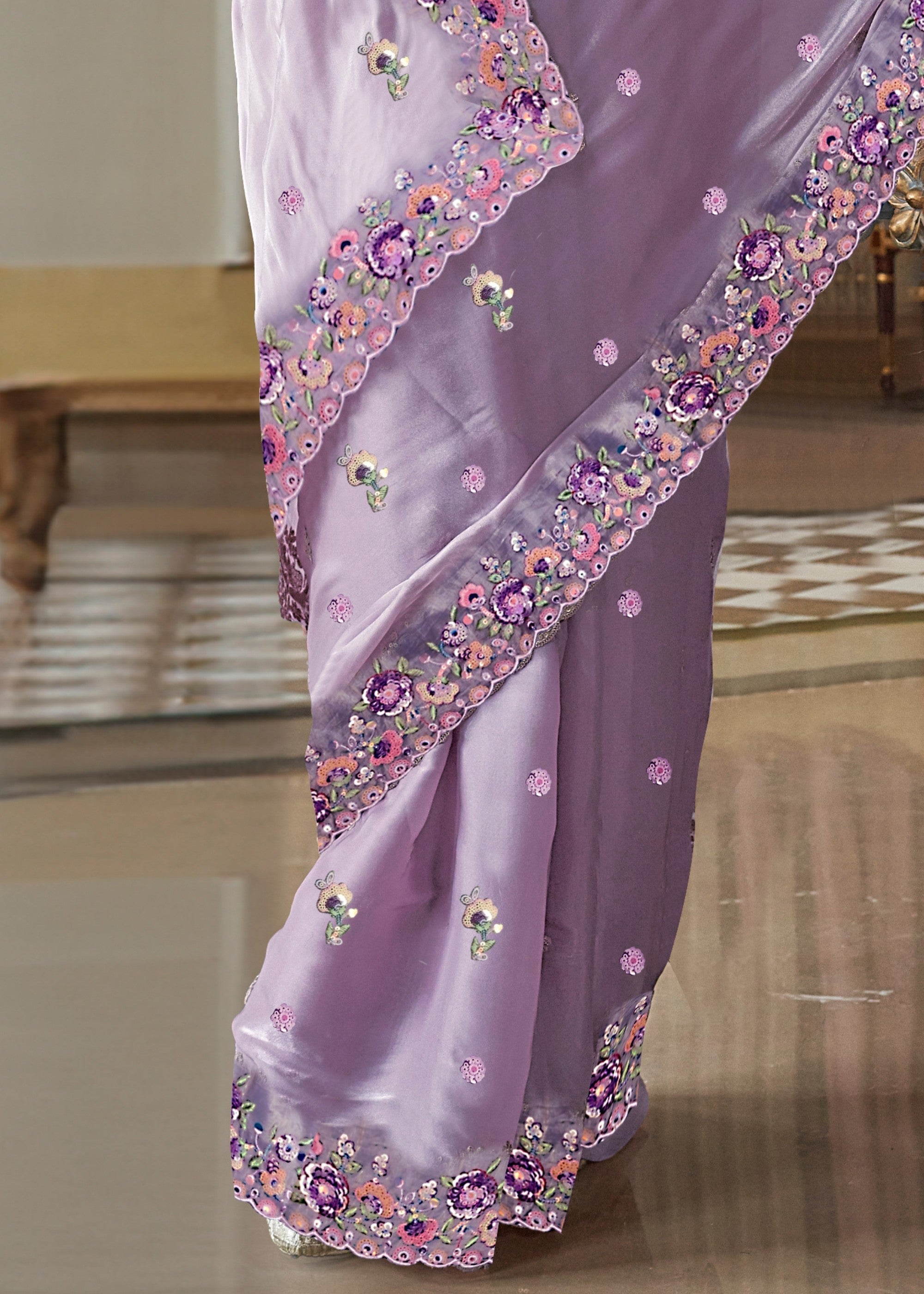 Wisteria Purple Fancy Tissue Saree With Unique Work And Designer Blouse - qivii