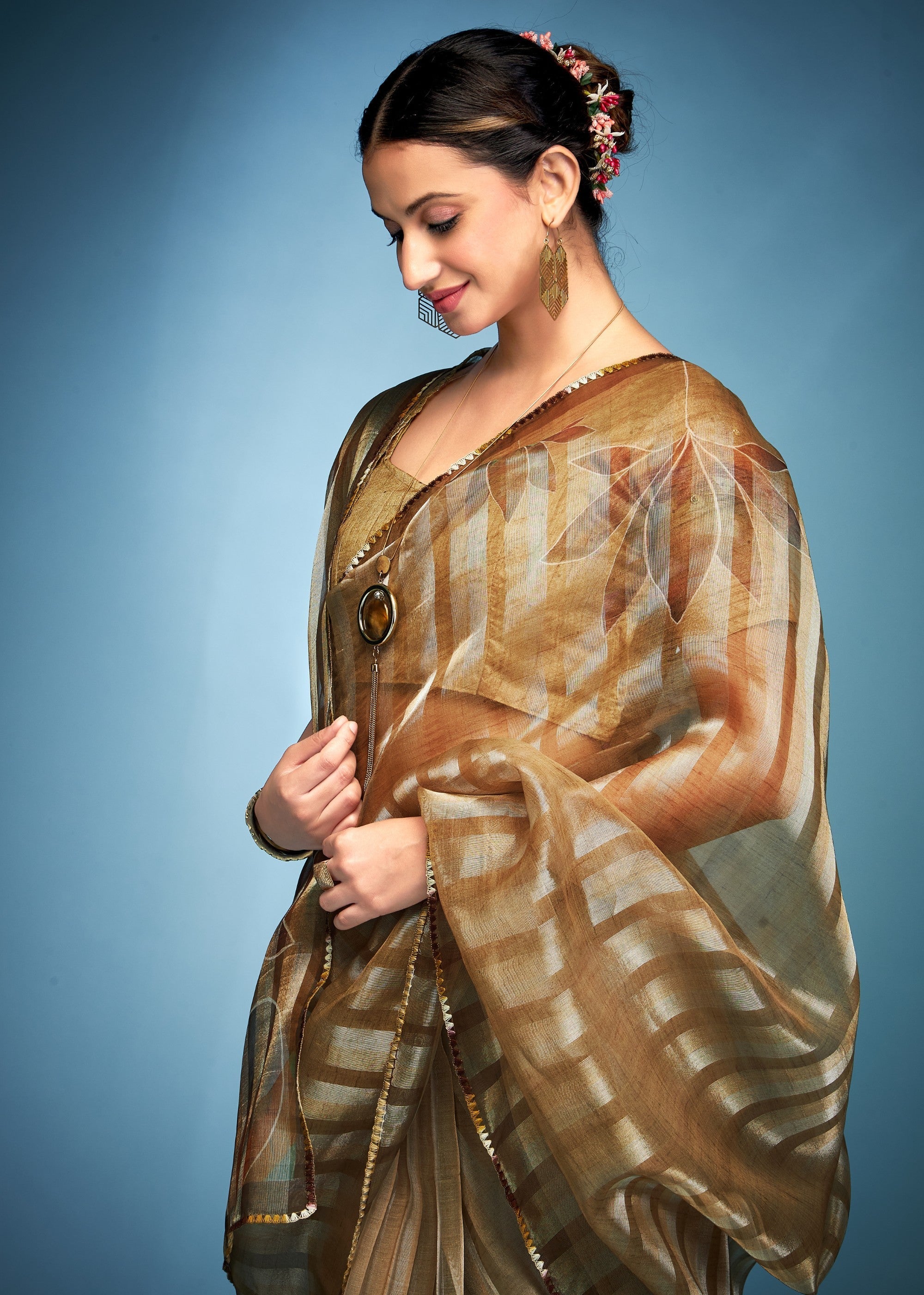 Olive Green Tissue Silk Saree With Floral Print - qivii
