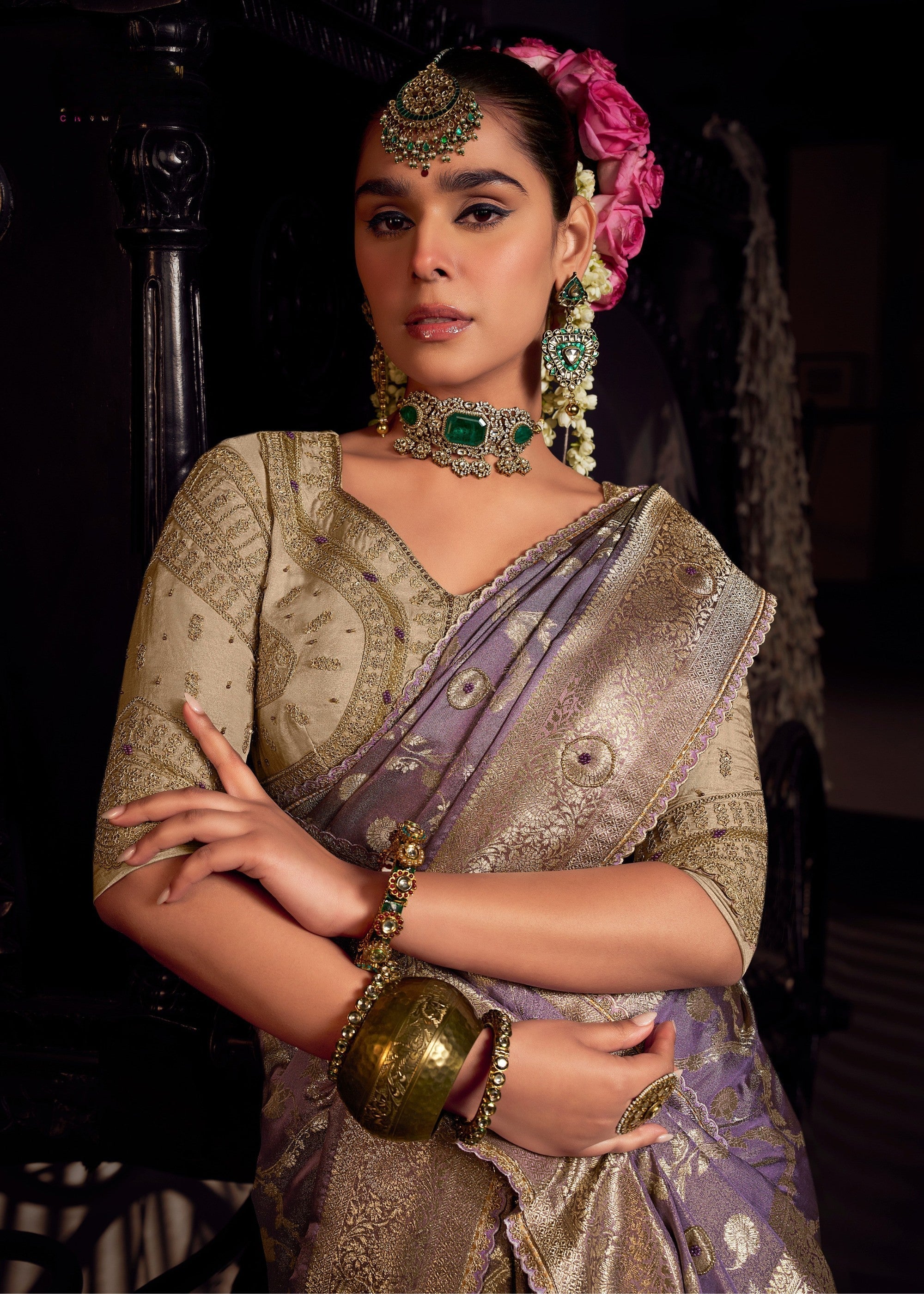 Heather Purple Viscose Tissue Silk Saree with Handworked Pallu And Contrast Designer Blouse - qivii