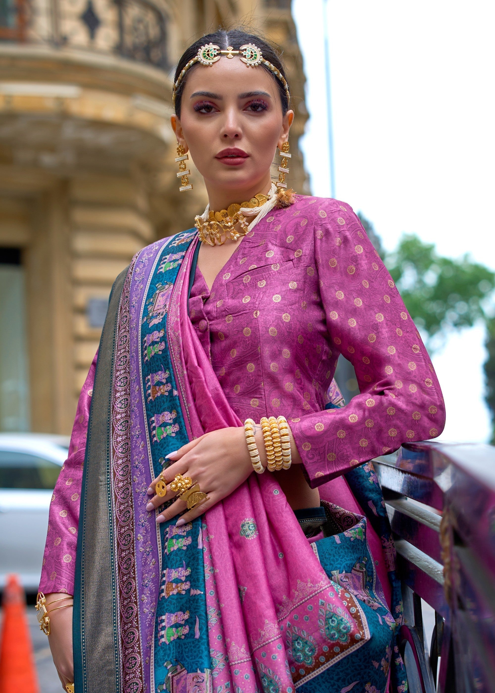 Shocking Pink Poly Viscose Silk Saree With Foil Print - qivii