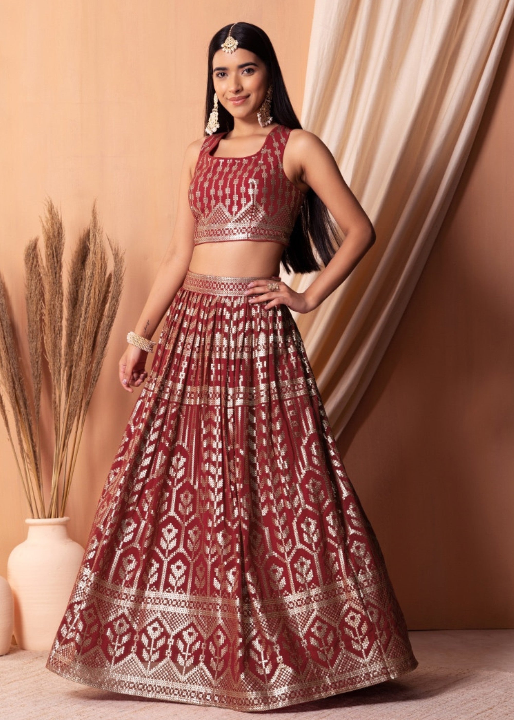 Maroon Red Georgette Lehenga Choli With Sequins And Thread Embroidery Work | Ready To Wear - qivii