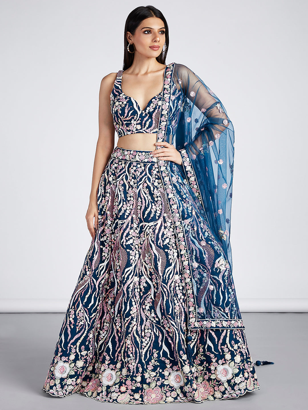 Navy Blue - Multi-Sequins & Thread Work Embroidery Net Semi-Stitched Lehenga - qivii