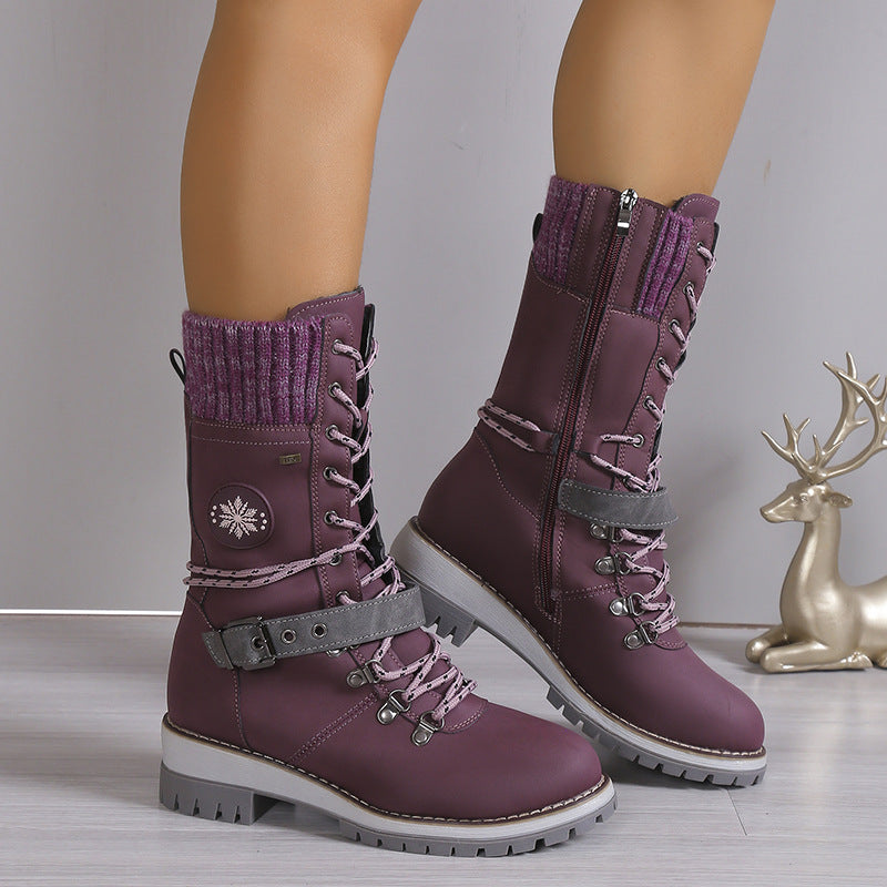 Women's Nordic Knit Combat Boot - High-Shaft Thermal Cotton Lined Snow Boots with Block Heel & Leather Accents Design (US 5-10.5)
