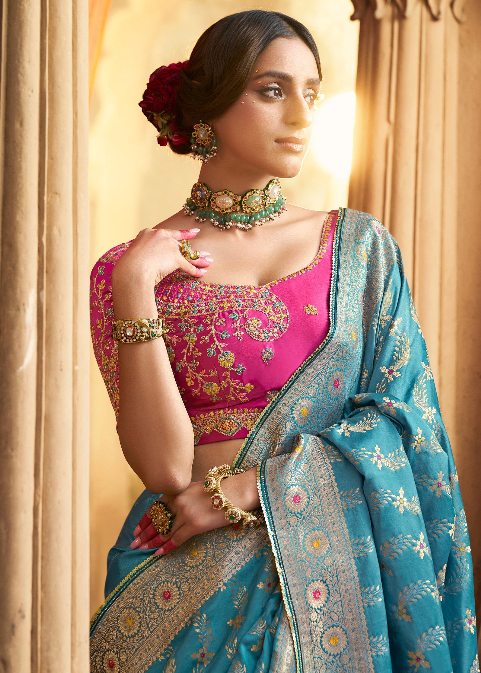 Capri Blue Satin Silk Saree With Beautiful Lace Border And Heavy Designer Embroidered Blouse - qivii