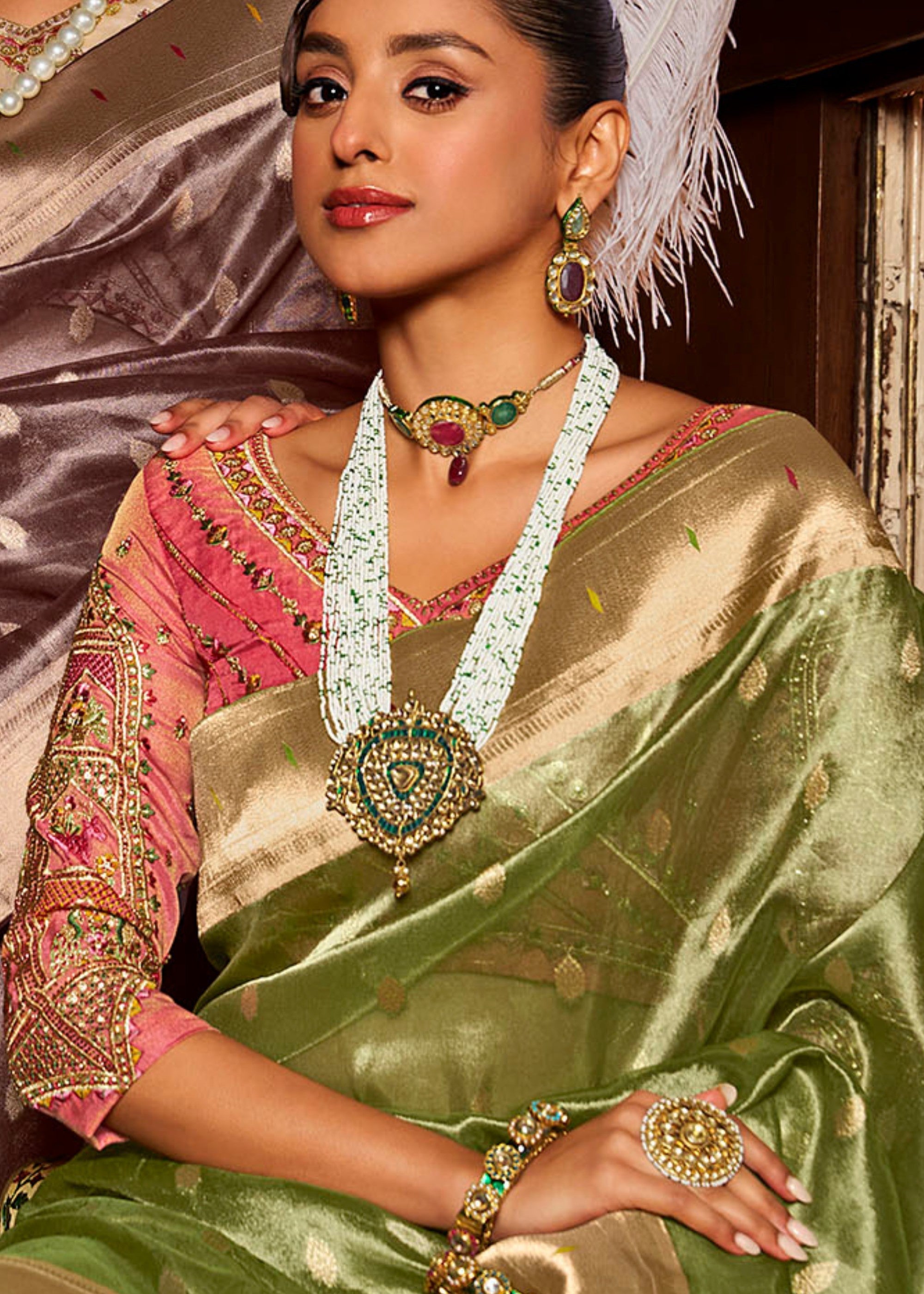 Pear Green Pure Tissue Paithani Silk Saree with Heavy Designer Embroidered Blouse - qivii