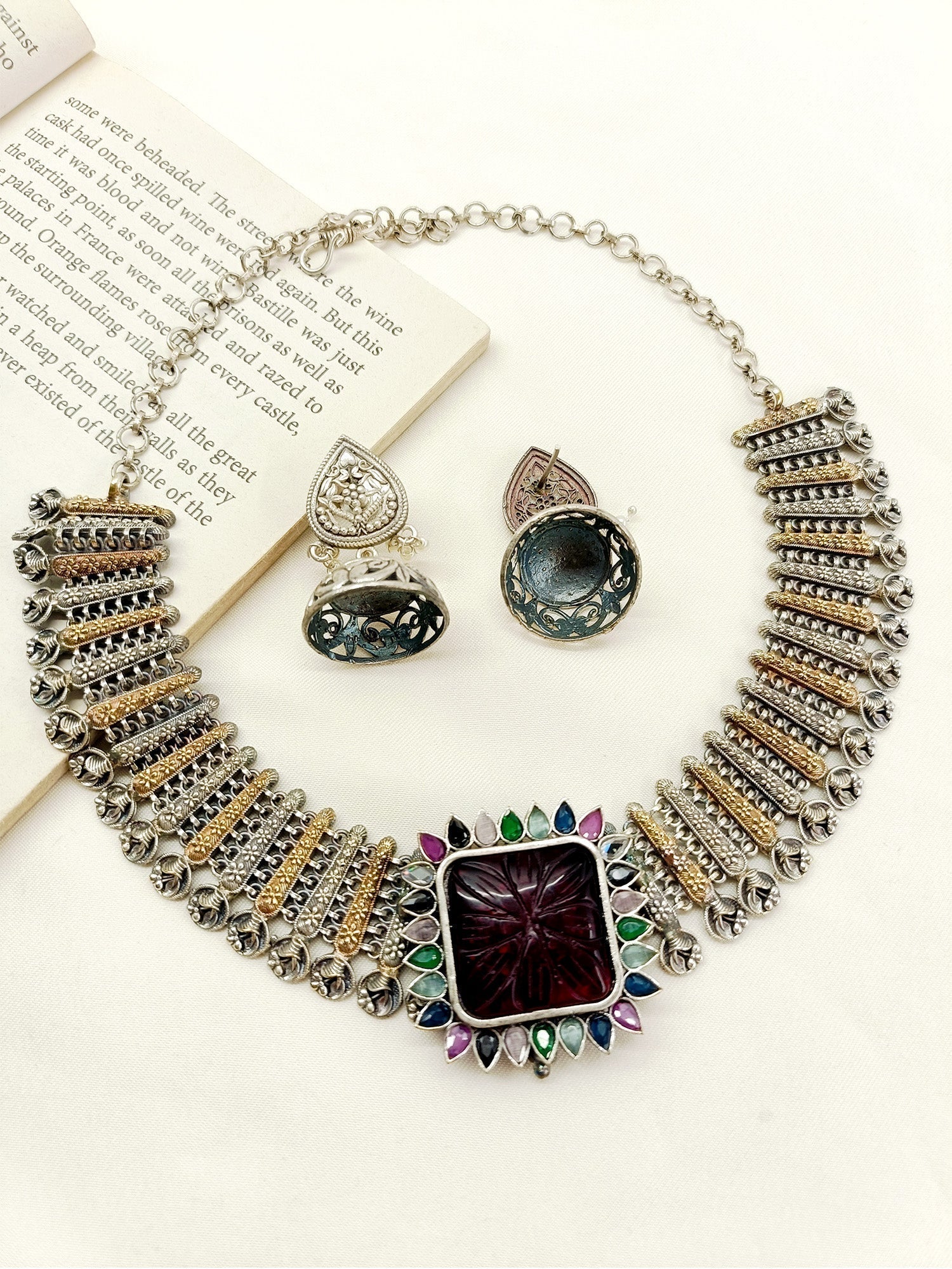 Zordozi Multi Colour Oxidized Necklace Set - qivii