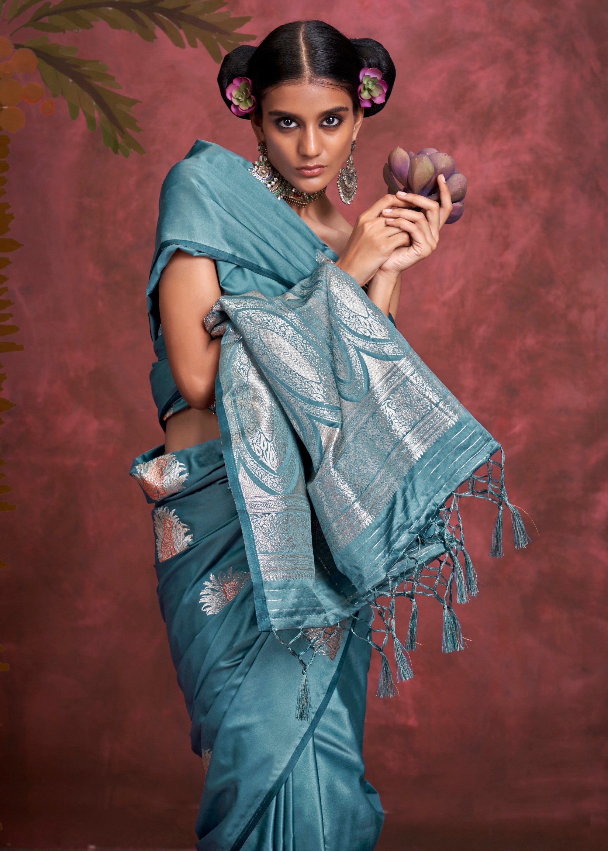 Azure Blue Handloom Weaving Satin - Banarasi Zari Saree - qivii
