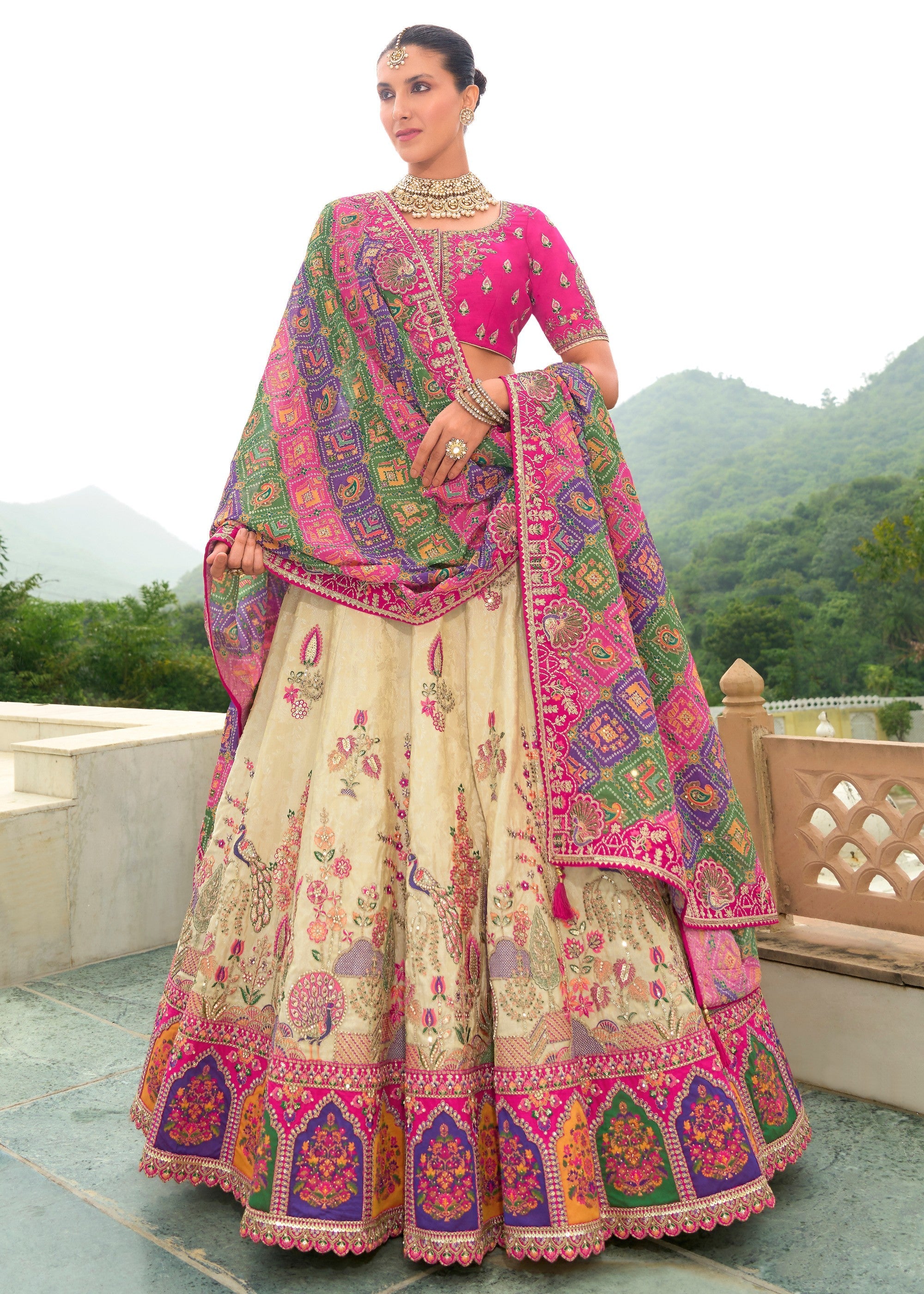 Pink And Cream Banarasi Silk Lehenga With Heavy Embroidery Work | Ready To Wear - qivii