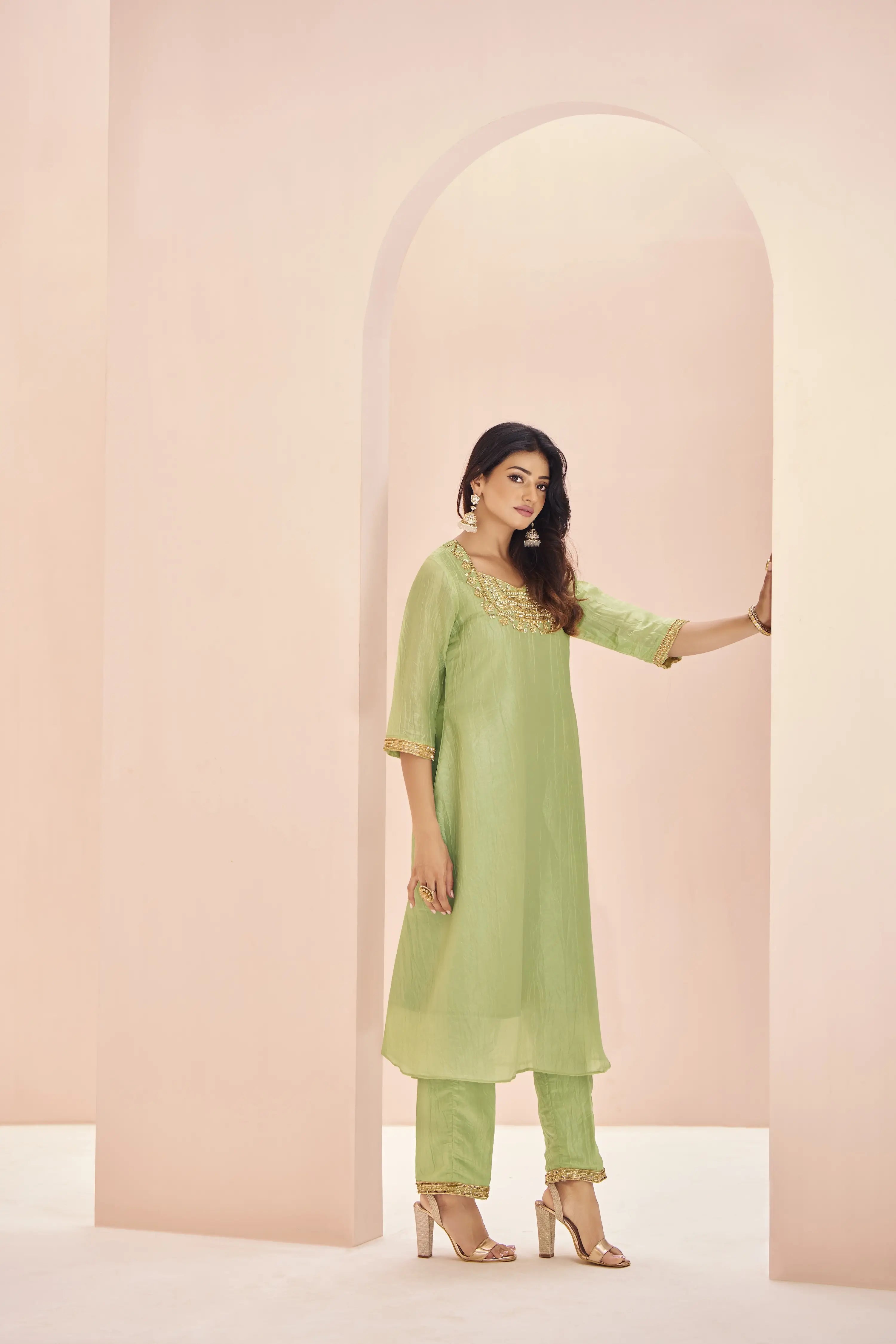 Light Green Organza Salwar Suit With Handwork - qivii