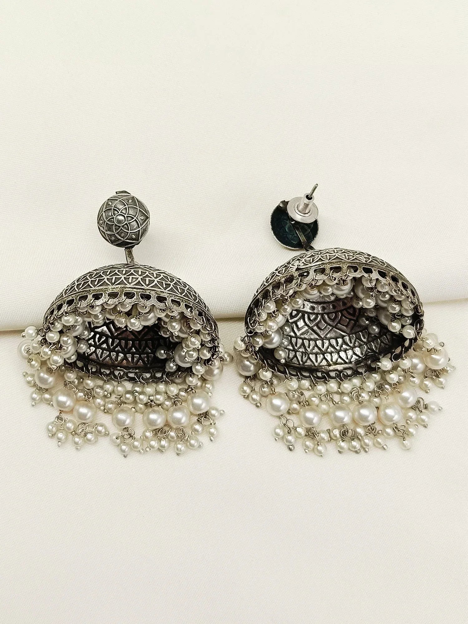 Agrima White Pearl Oxidized Jhumki