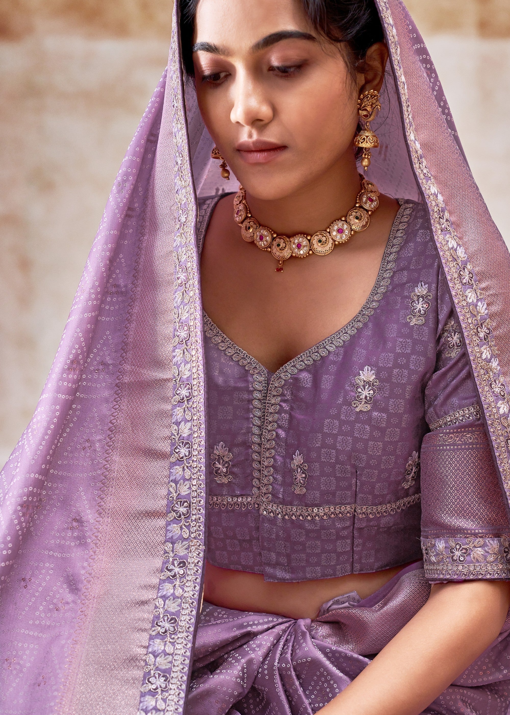 Lilac Purple Satin Silk Saree With Heavy Embroidery Lace & Blouse - qivii
