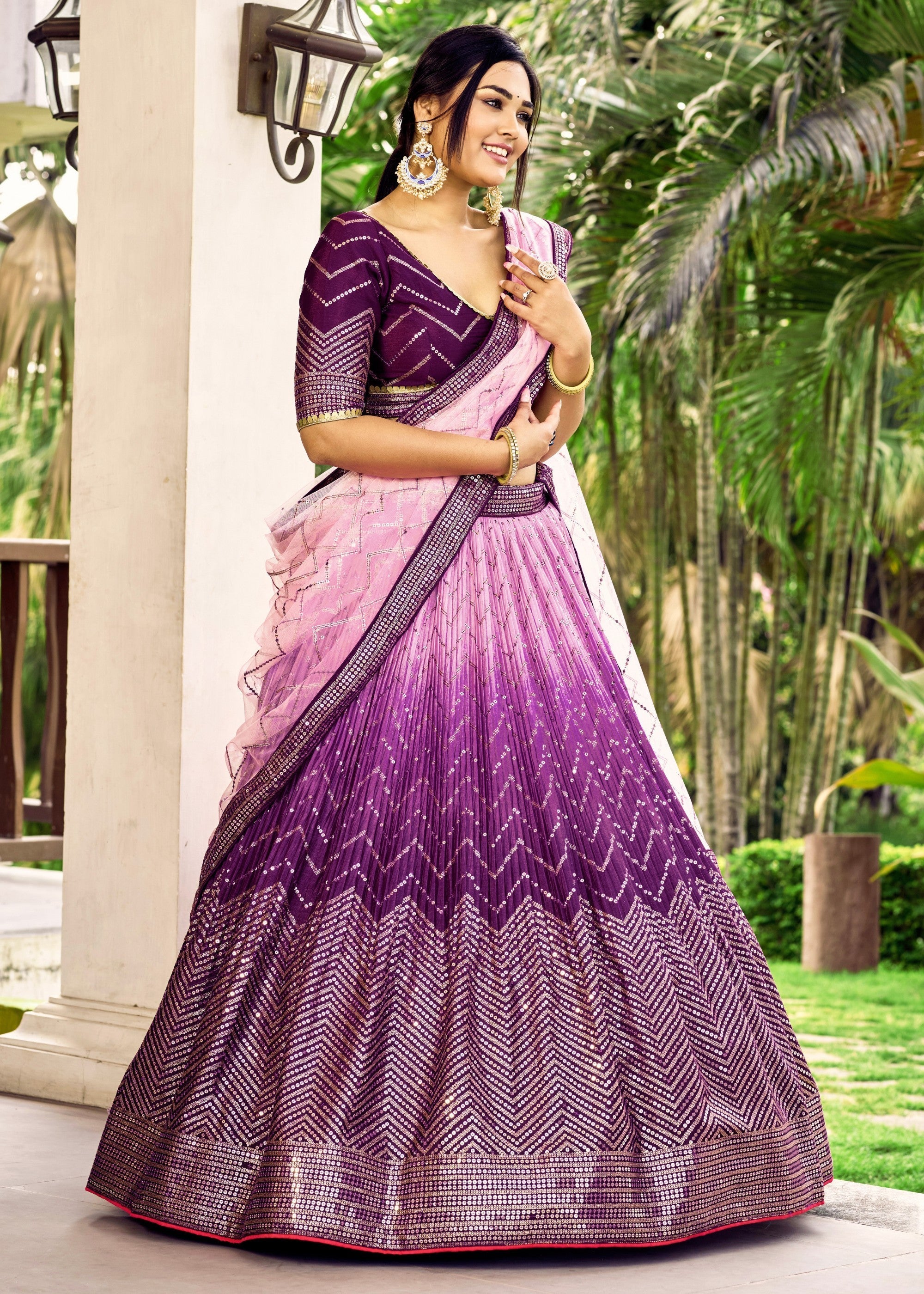 Plum Purple Chinon Silk Lehenga With Sequence and Thread Embroidery Work | Ready To Wear - qivii