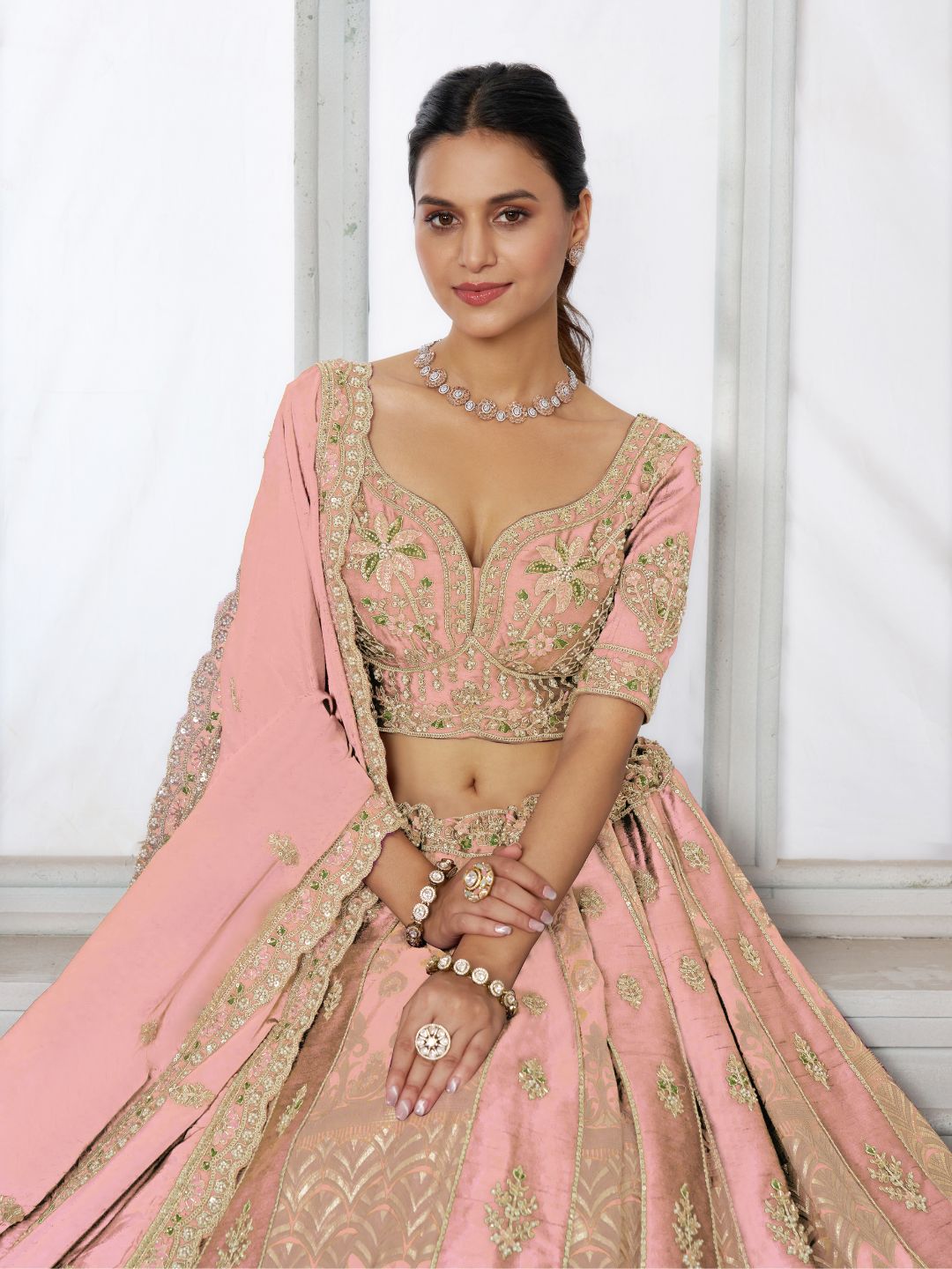 Designer Pink Raw Silk Lehenga with Intricate Embroidered Detailing