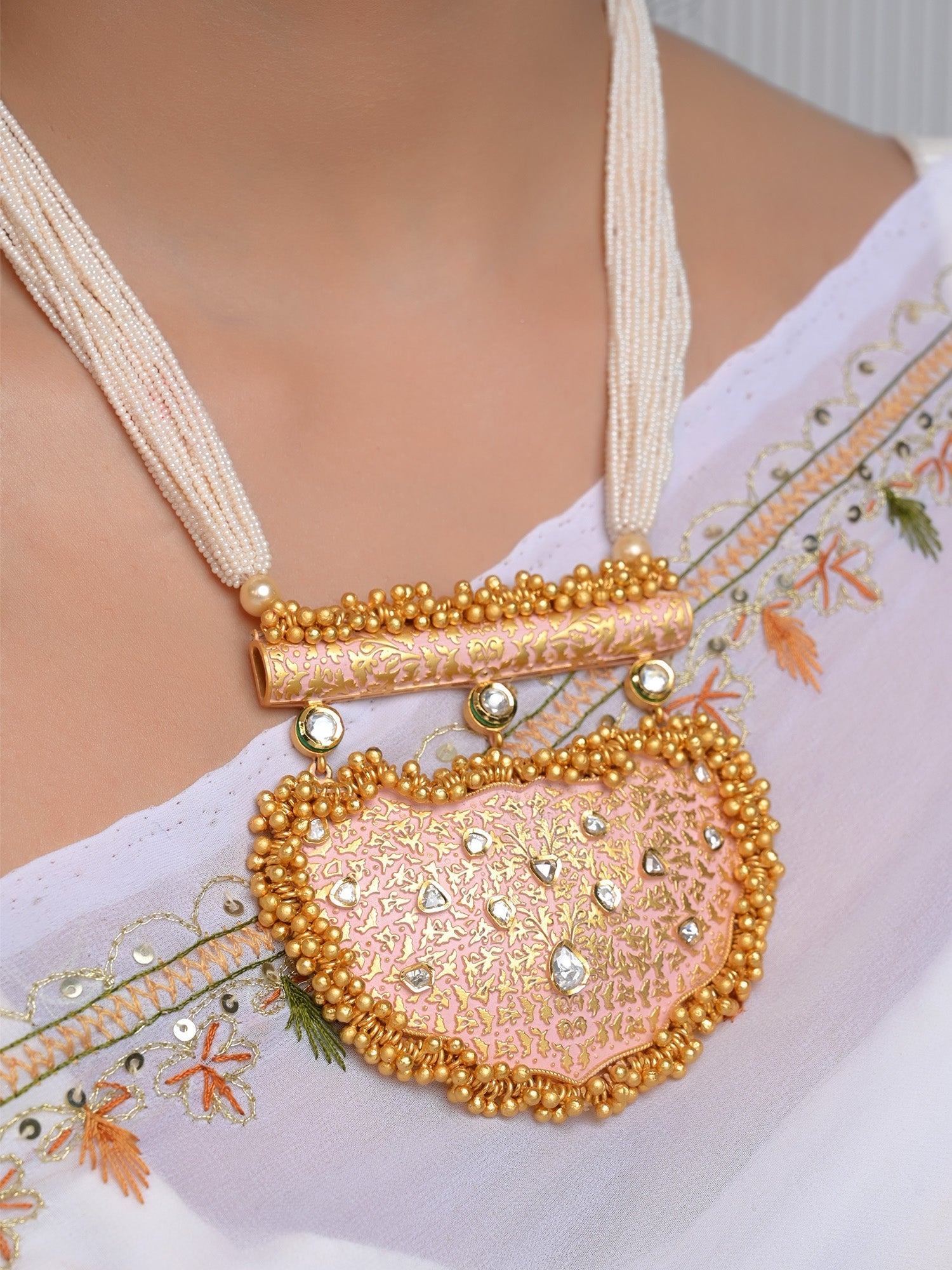 Naazneen Baby Pink Meenakari Pendant Set - qivii