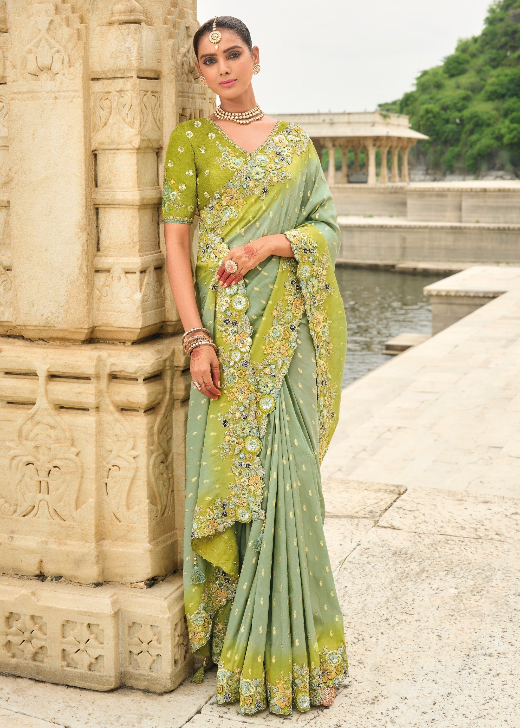 Pistachio Green Viscose Tissue Silk Saree With Embroidery Cut Work Border And Sequence Work - qivii