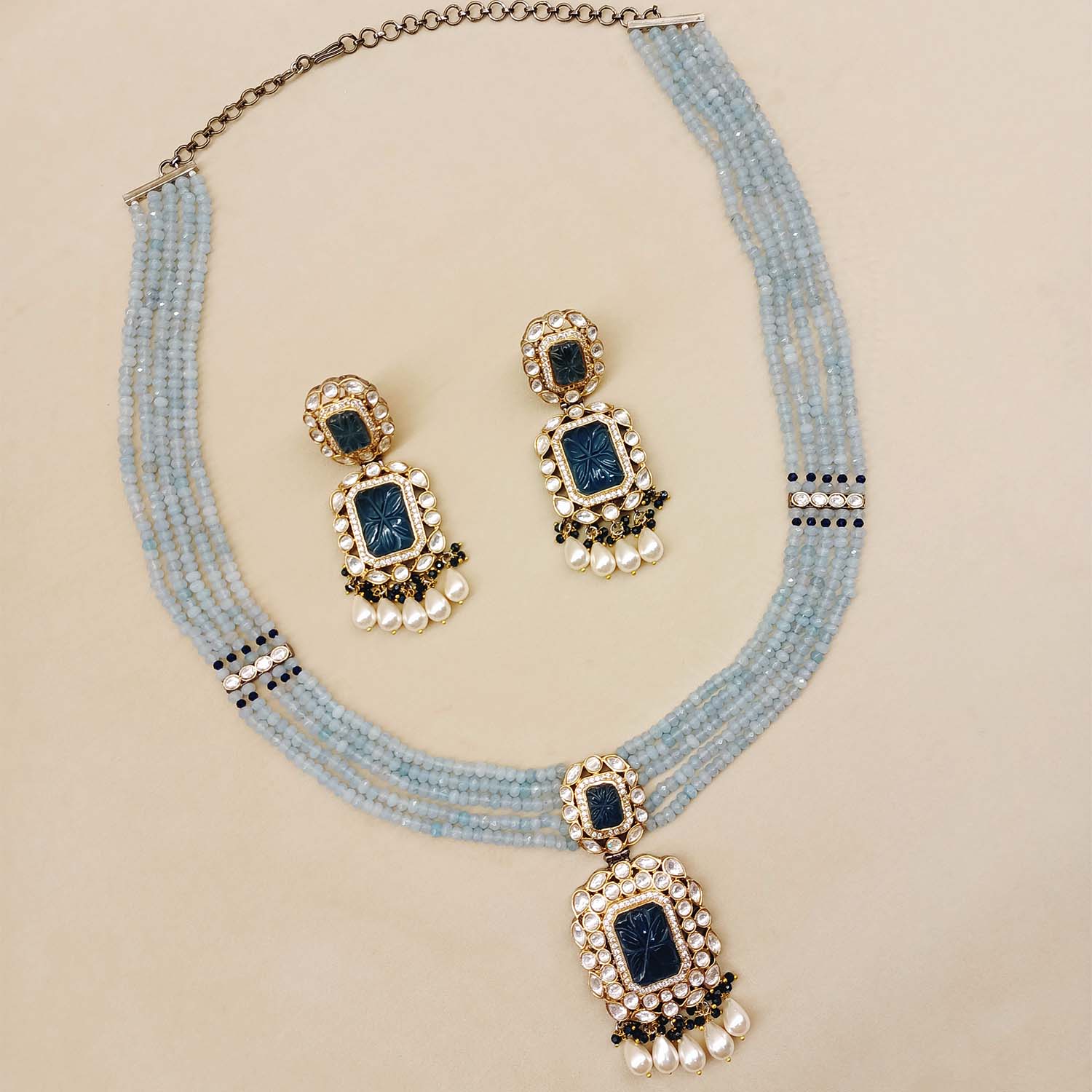 Victorian set with beautiful carved blue stones and pearl hangings for a traditional Indian look