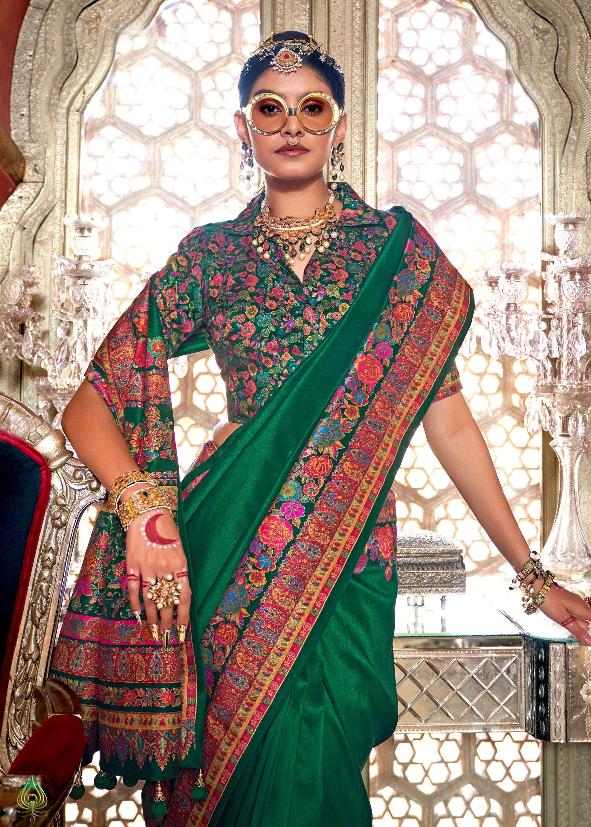 Pine Green Silk Saree With Luxury Print And Glory Finish - qivii