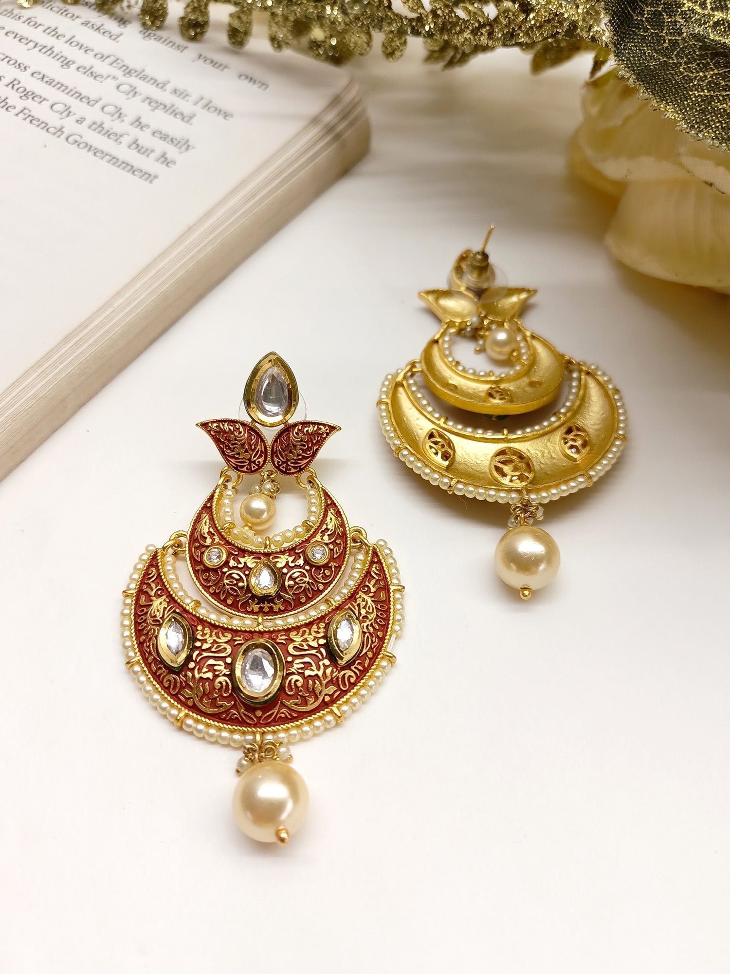 Haridra Dark Brown Kundan Meenakari Chaandbali Earrings with intricate detailing