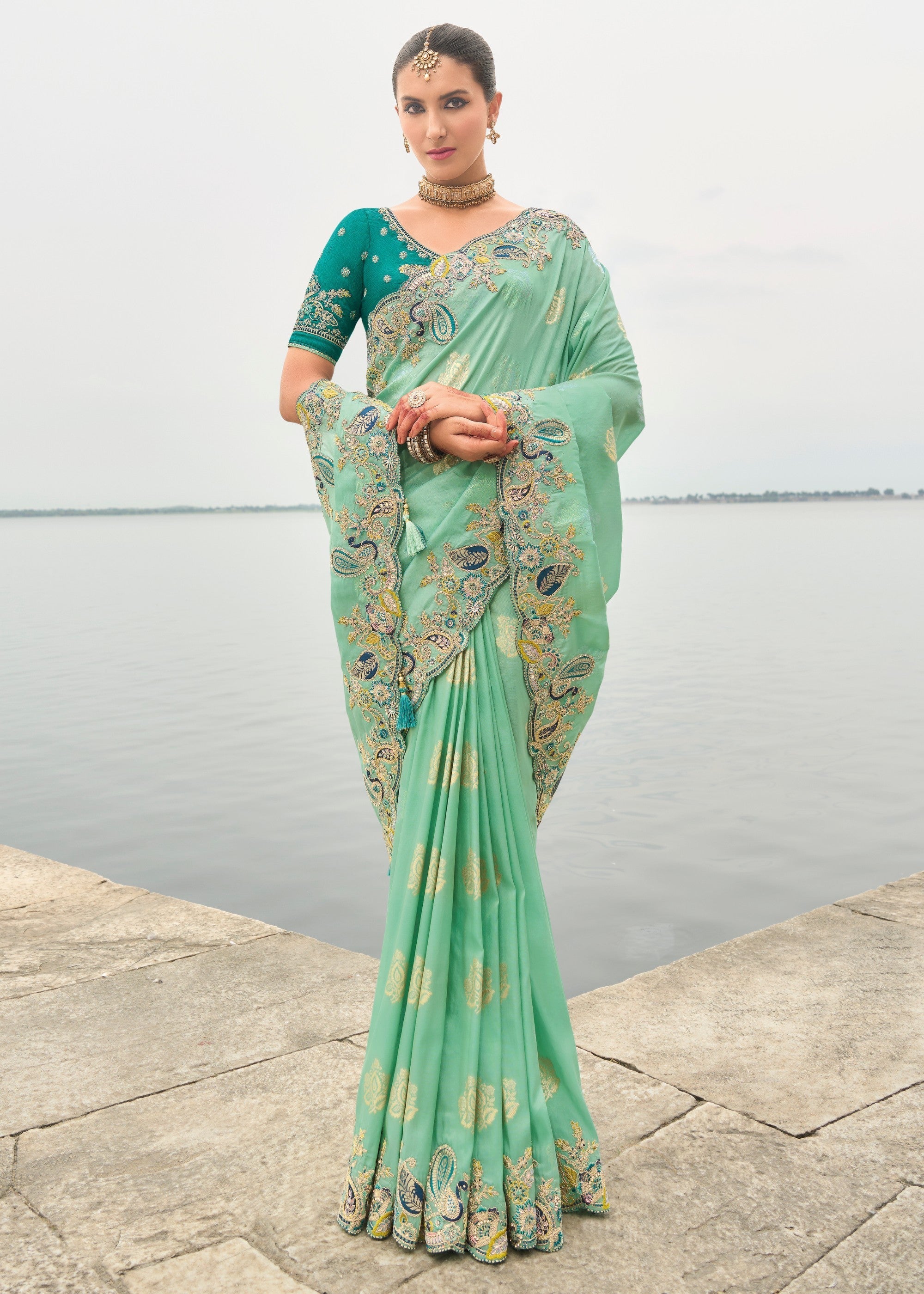 Mint Green Viscose Tissue Silk Saree With Embroidery Cut Work Border And Sequence Work - qivii