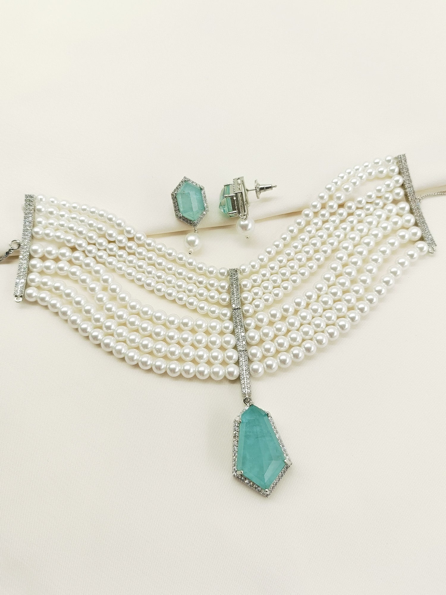 Jhanvi Mint Green American Diamond Choker Set