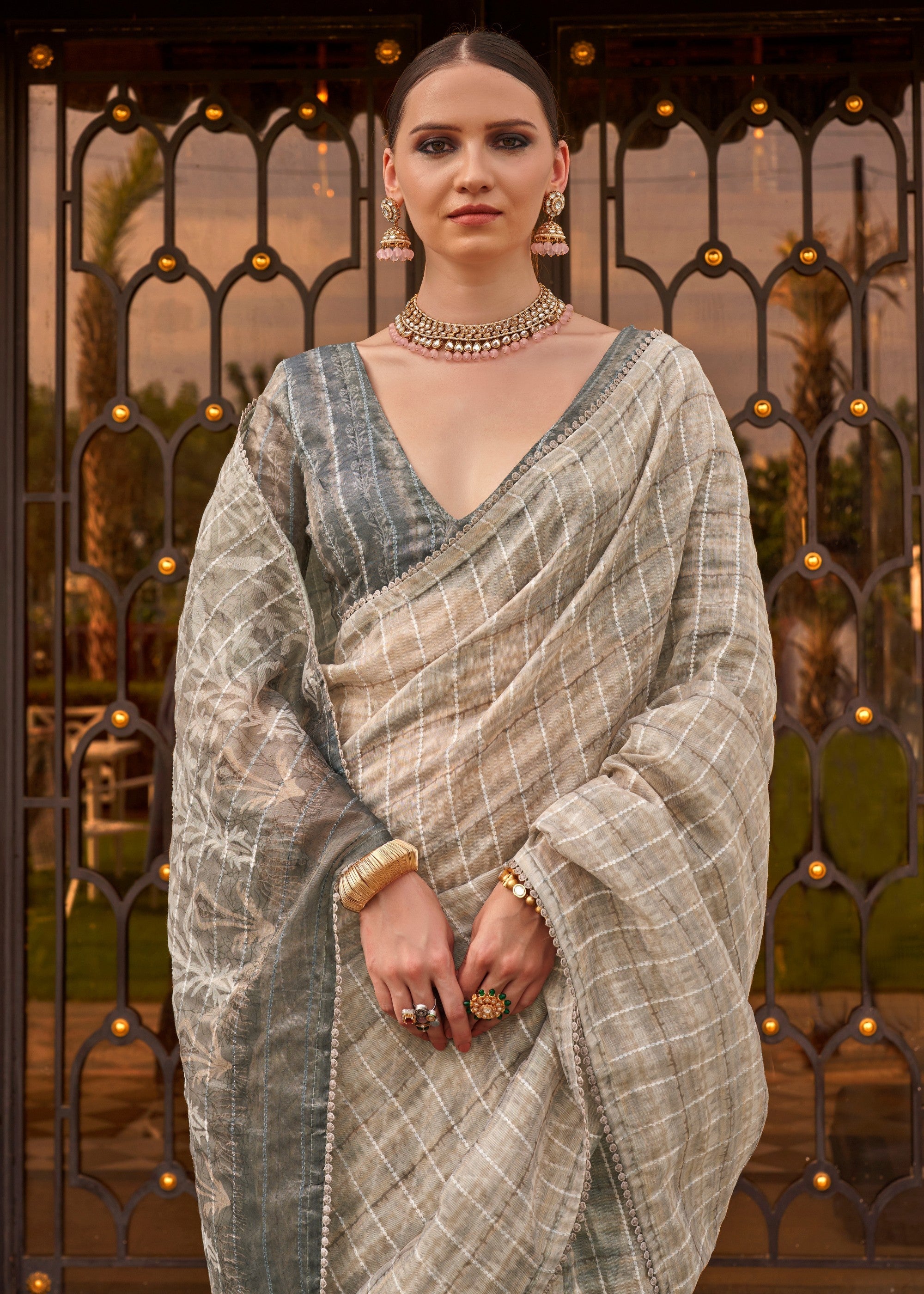Grey Pure Tissue Silk Saree - qivii