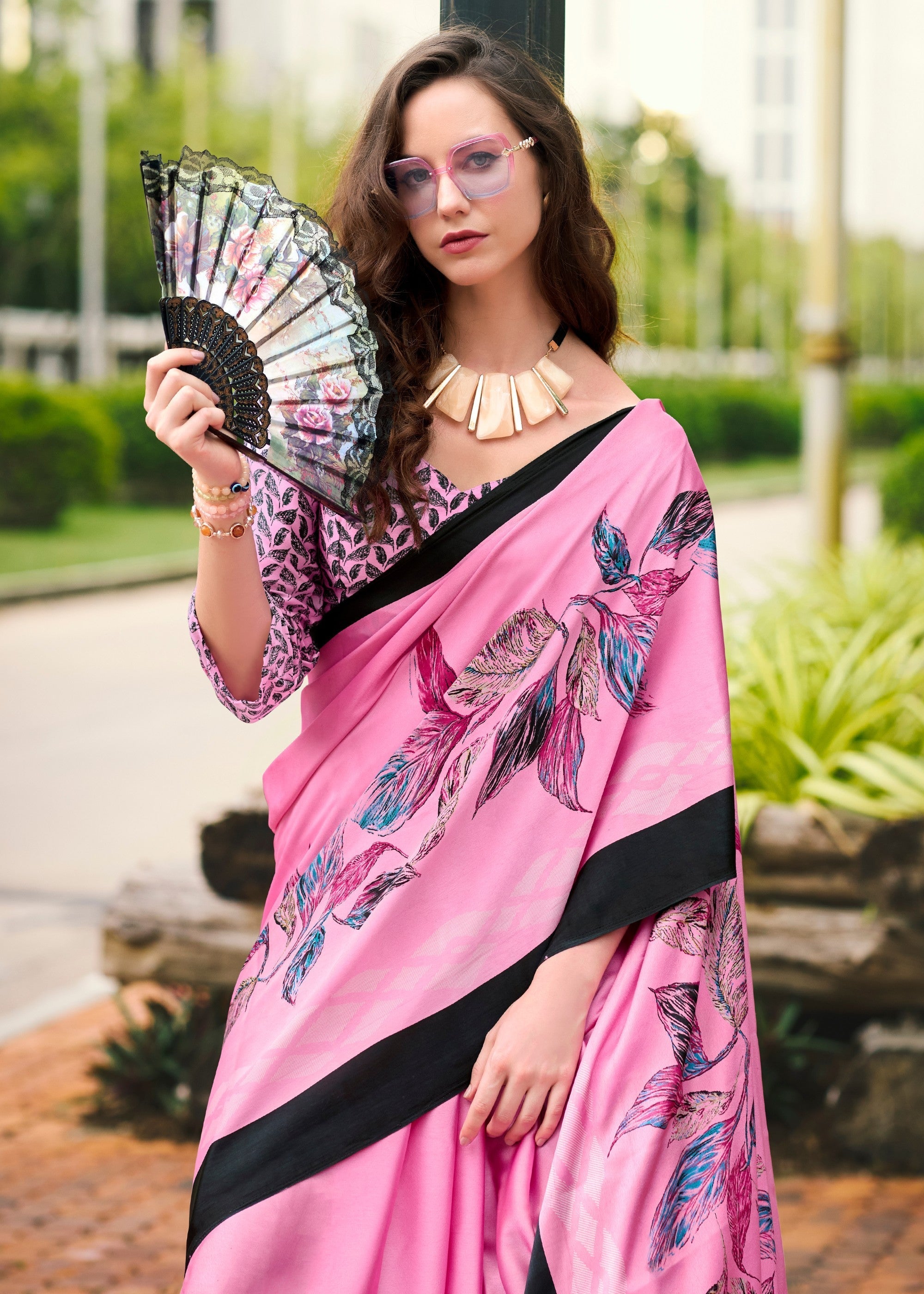 Taffy Pink Printed Satin Silk Saree - qivii