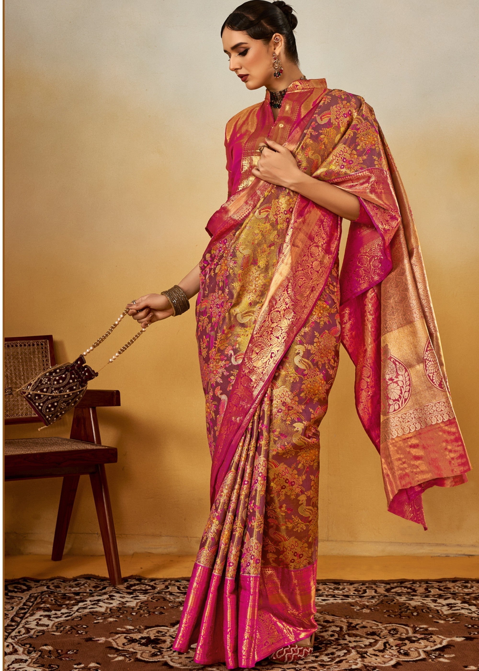 Pink and Orange Handloom Dharamavaram Silk Saree - qivii