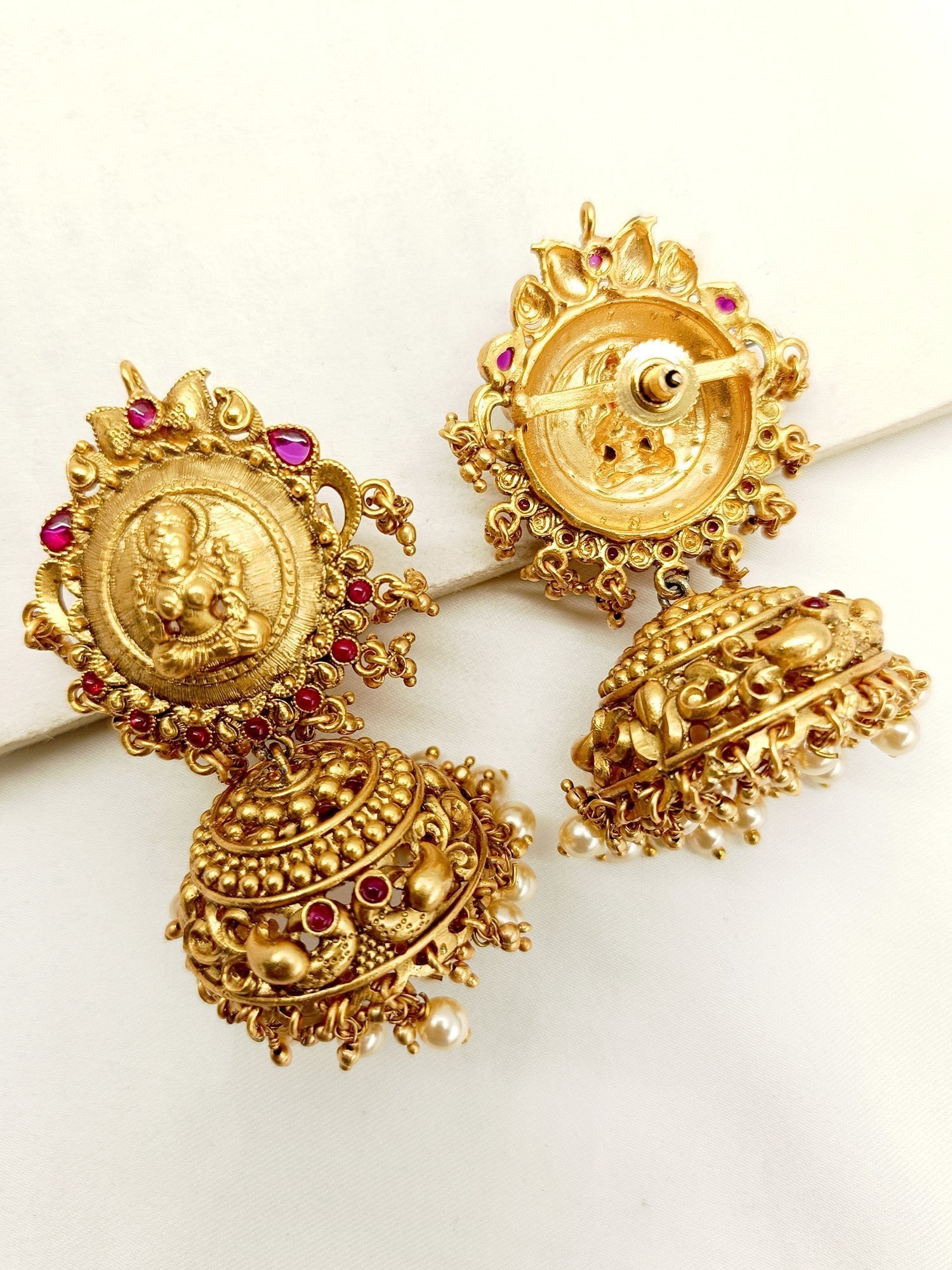 Simrat Ruby Temple Antique Jhumki on a white background