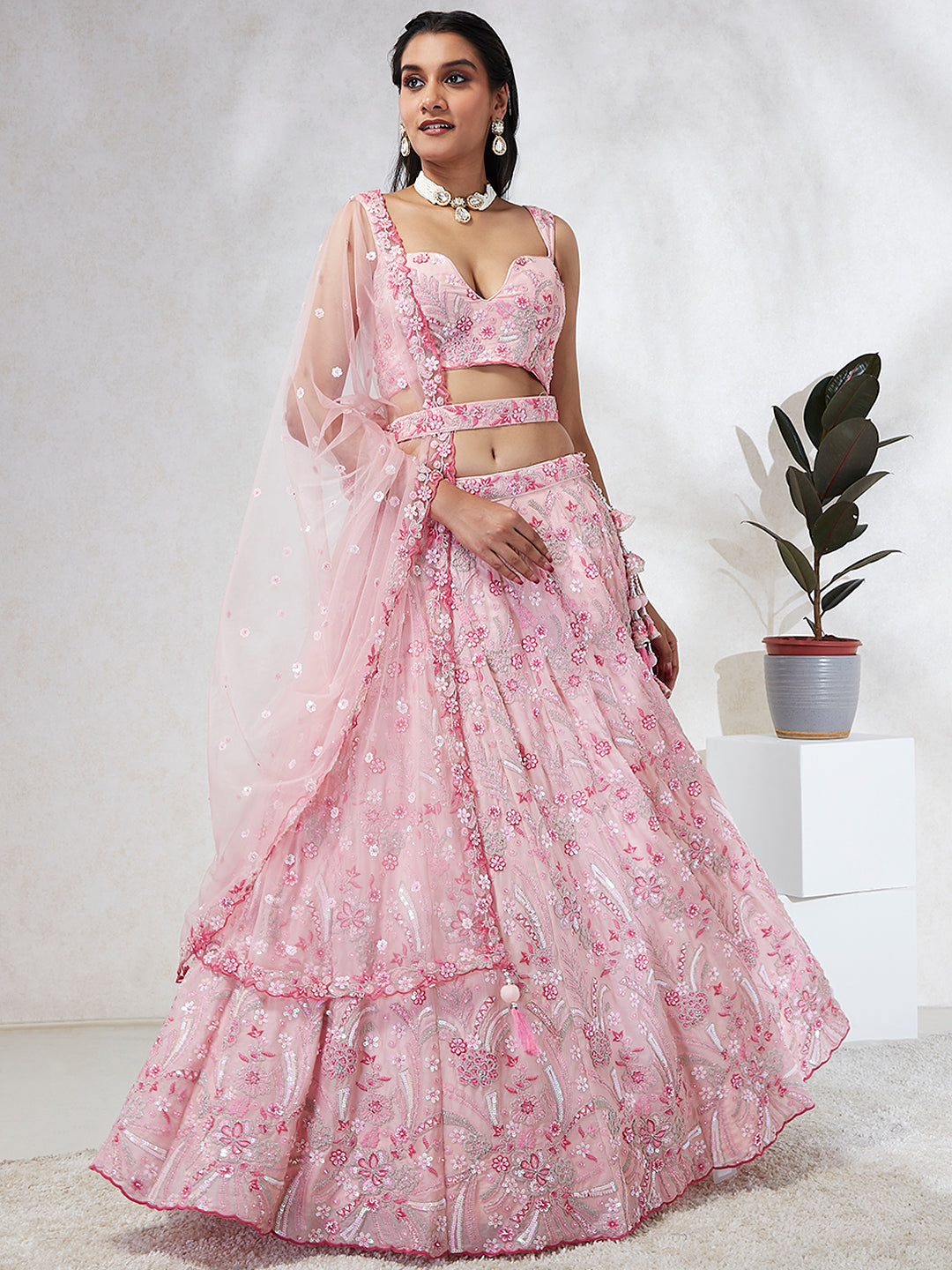 Pink - Georgette Sequins and thread embroidery Semi-Stitched Lehenga choli - qivii