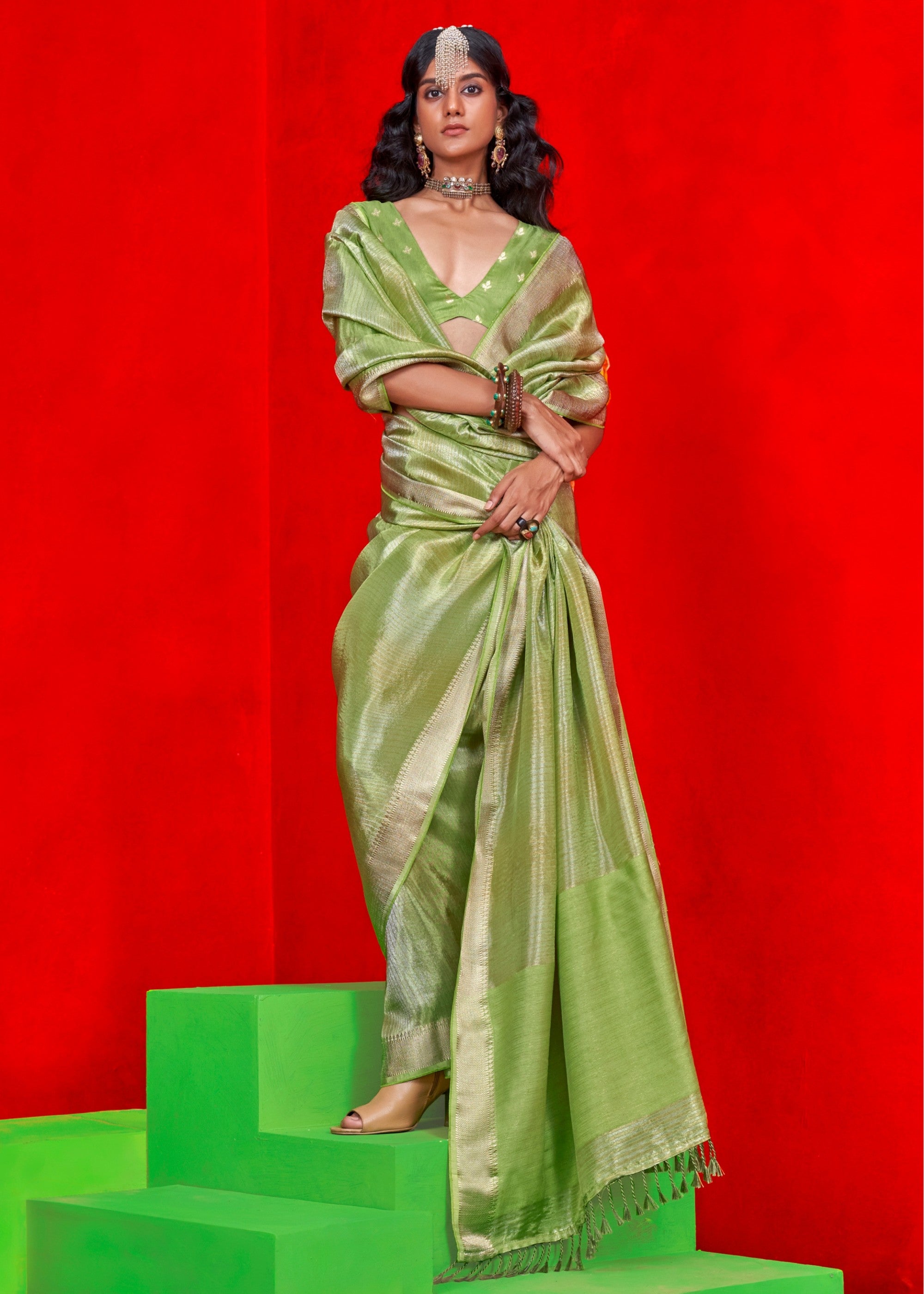 Green Pure Viscose Zari Tissue Saree - qivii