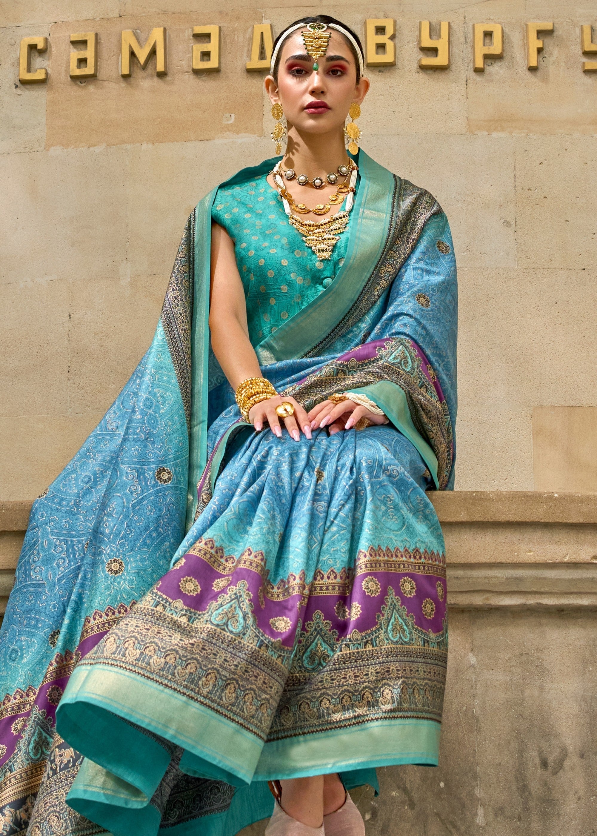 Light Blue Poly Viscose Silk Saree With Foil Print - qivii