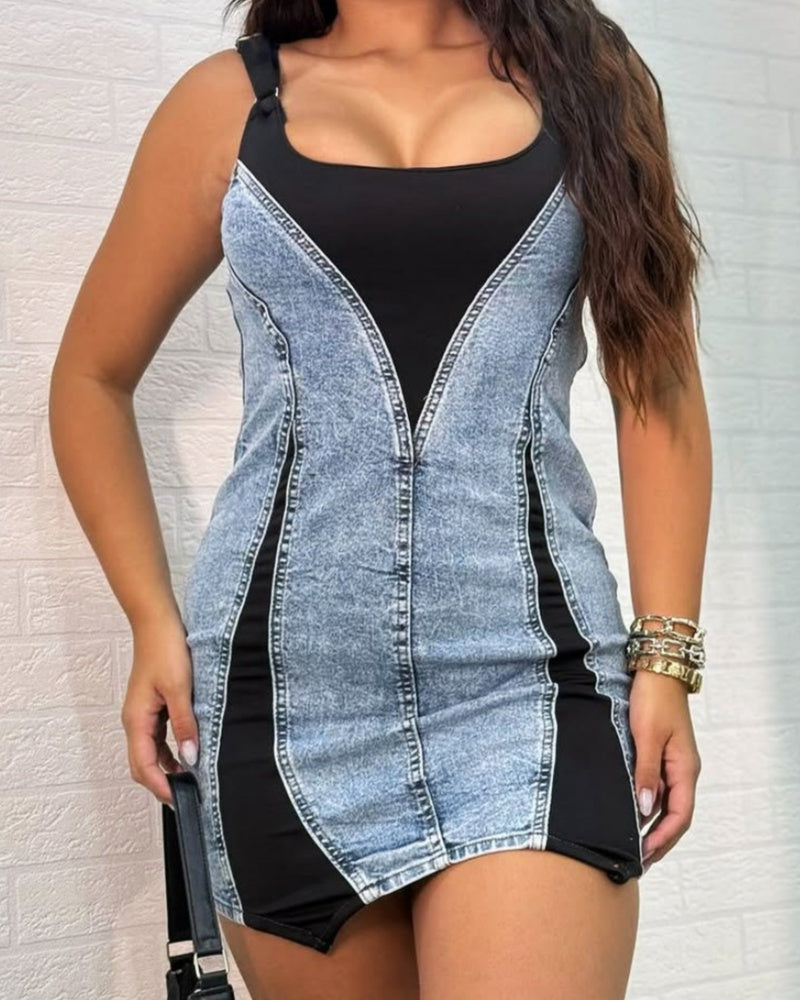 Contrast Color Suspenders Bodycon Mini Denim Dress - By Qivii