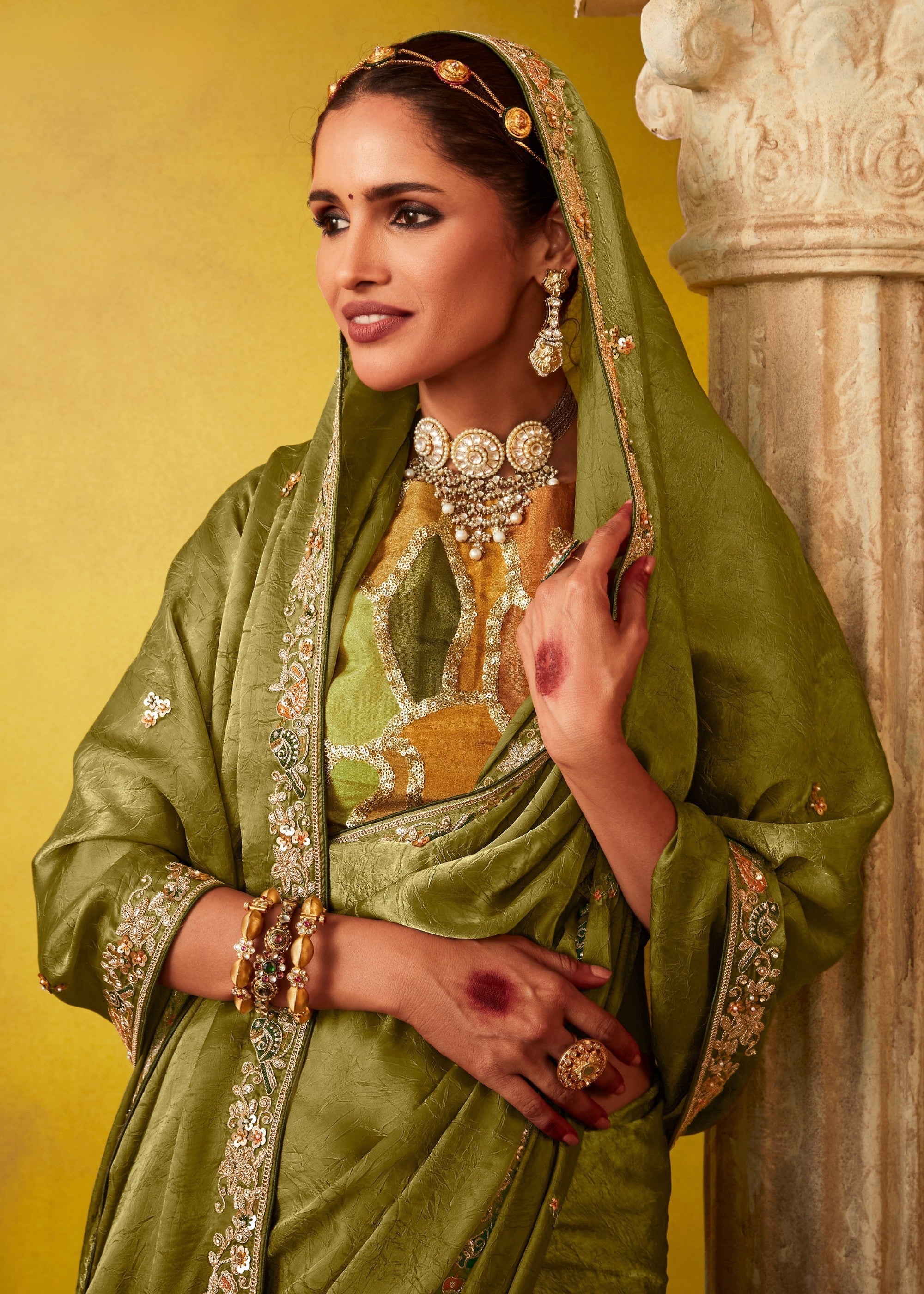 Olive Green Glass Tissue Silk Saree With Sequins And Thread Embroidered Work - qivii