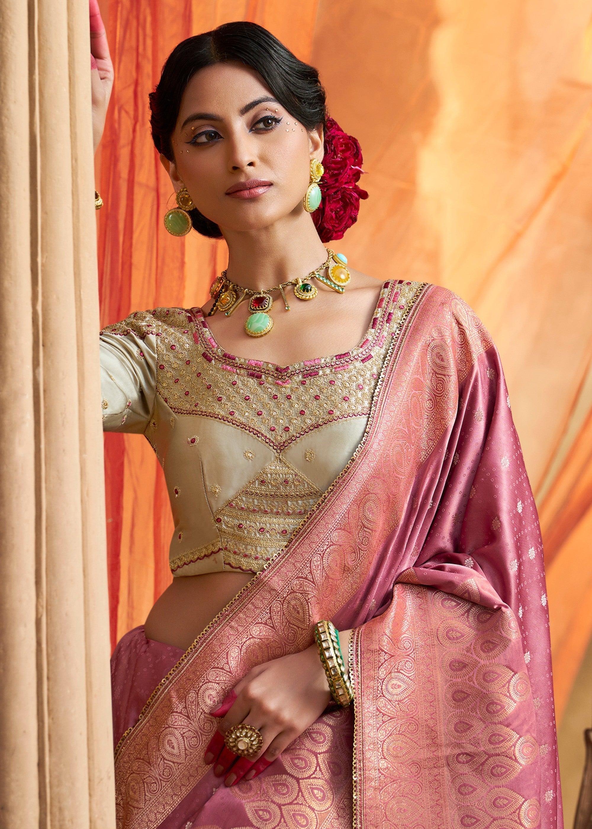 Fuchsia Pink Satin Silk Saree With Beautiful Lace Border And Heavy Designer Embroidered Blouse - qivii