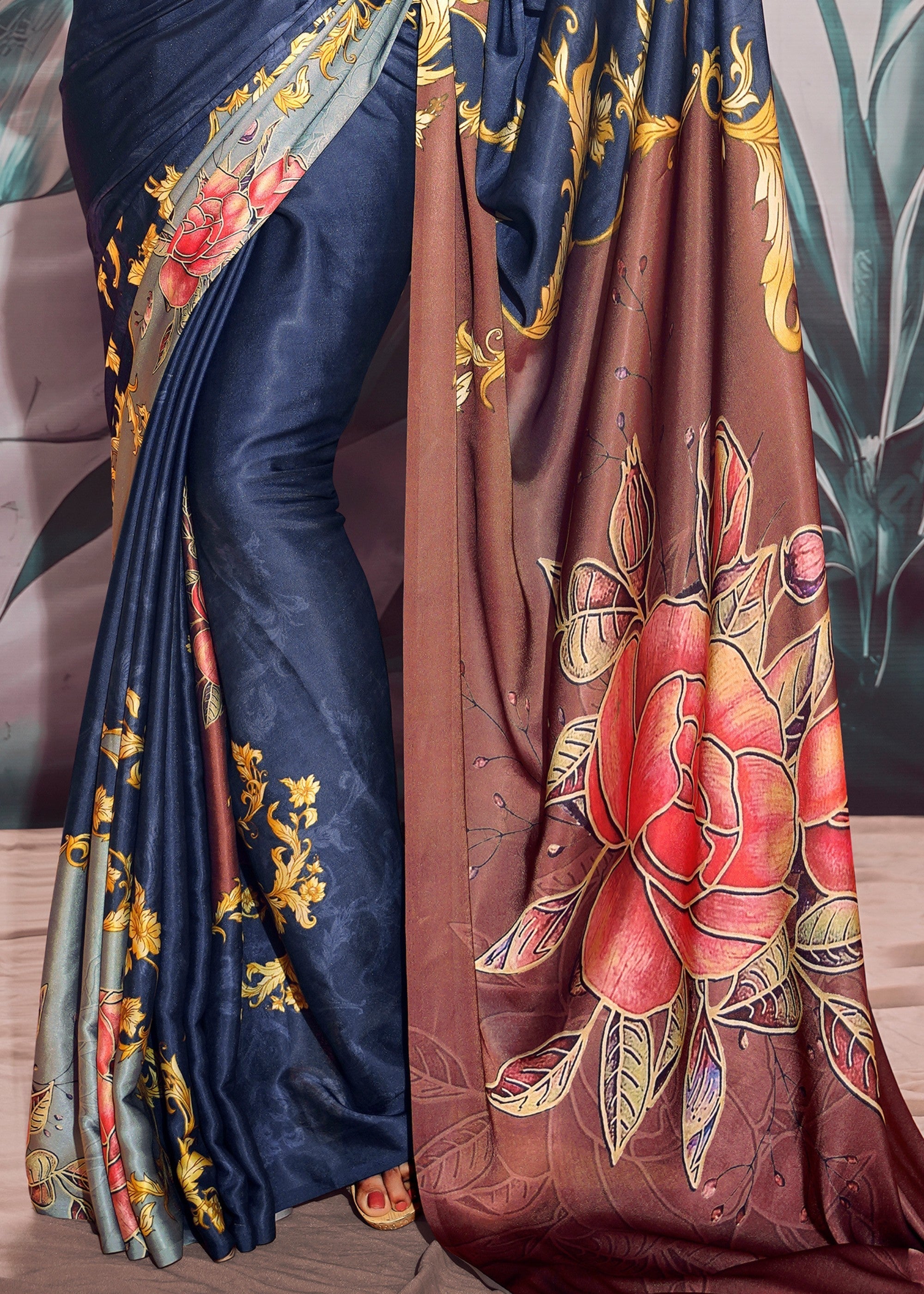 Berry Blue Satin Crepe With Digital print - qivii