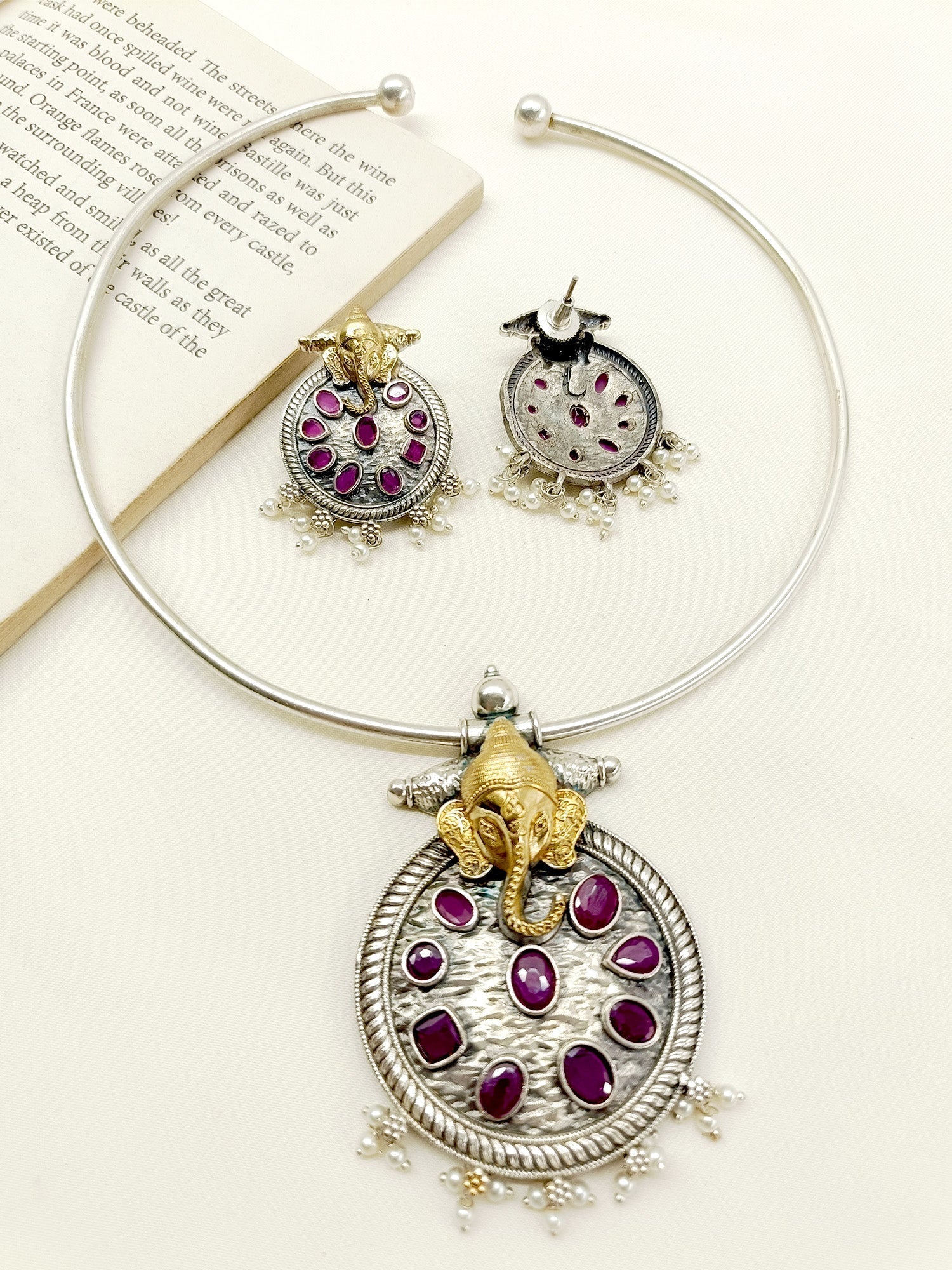 Sanmati Ruby Ganesh Ji Oxidized Hasli Style Necklace Set - qivii