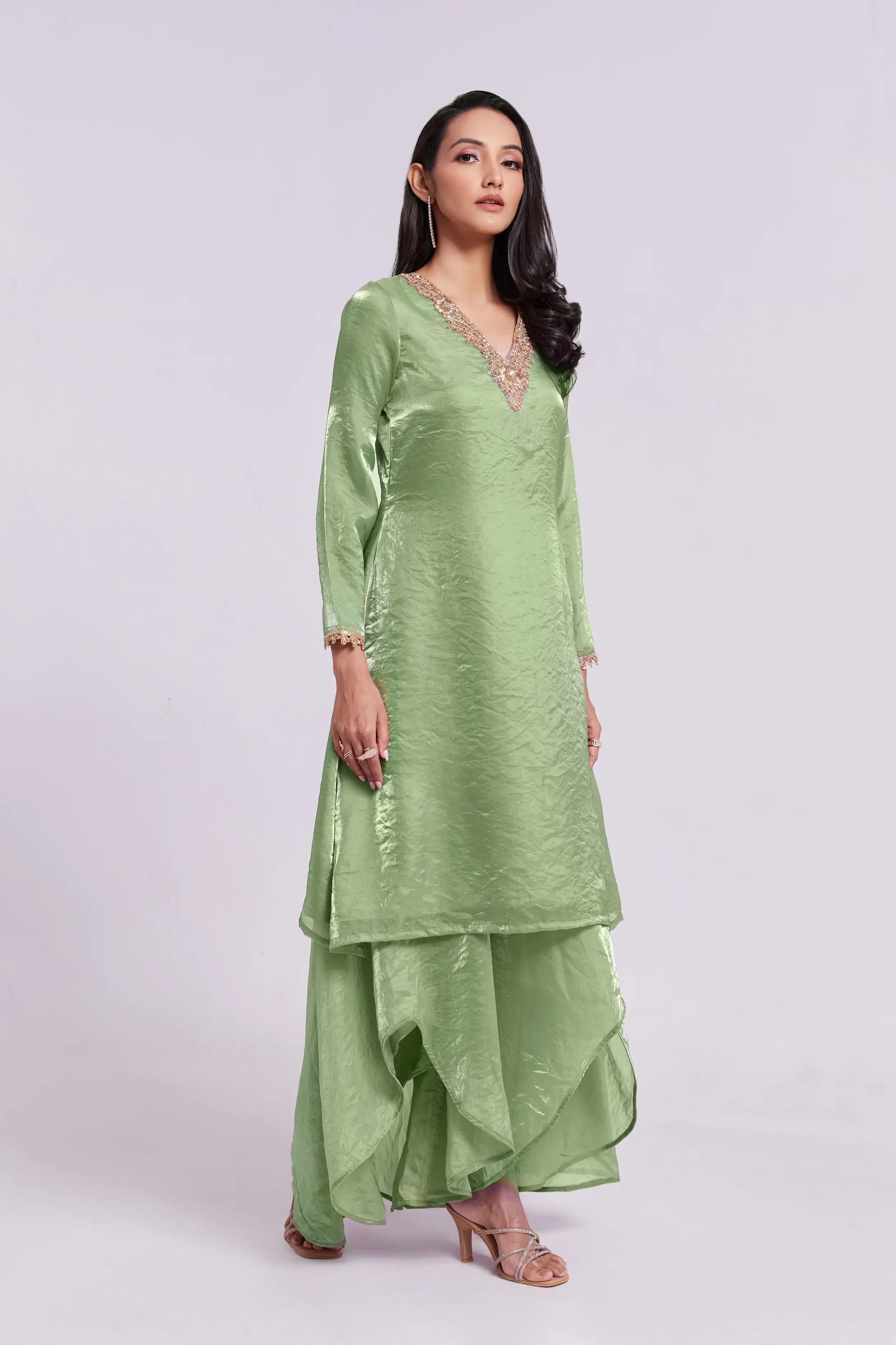 Pista Green Pure Organza Salwar Suit With Handwork - qivii