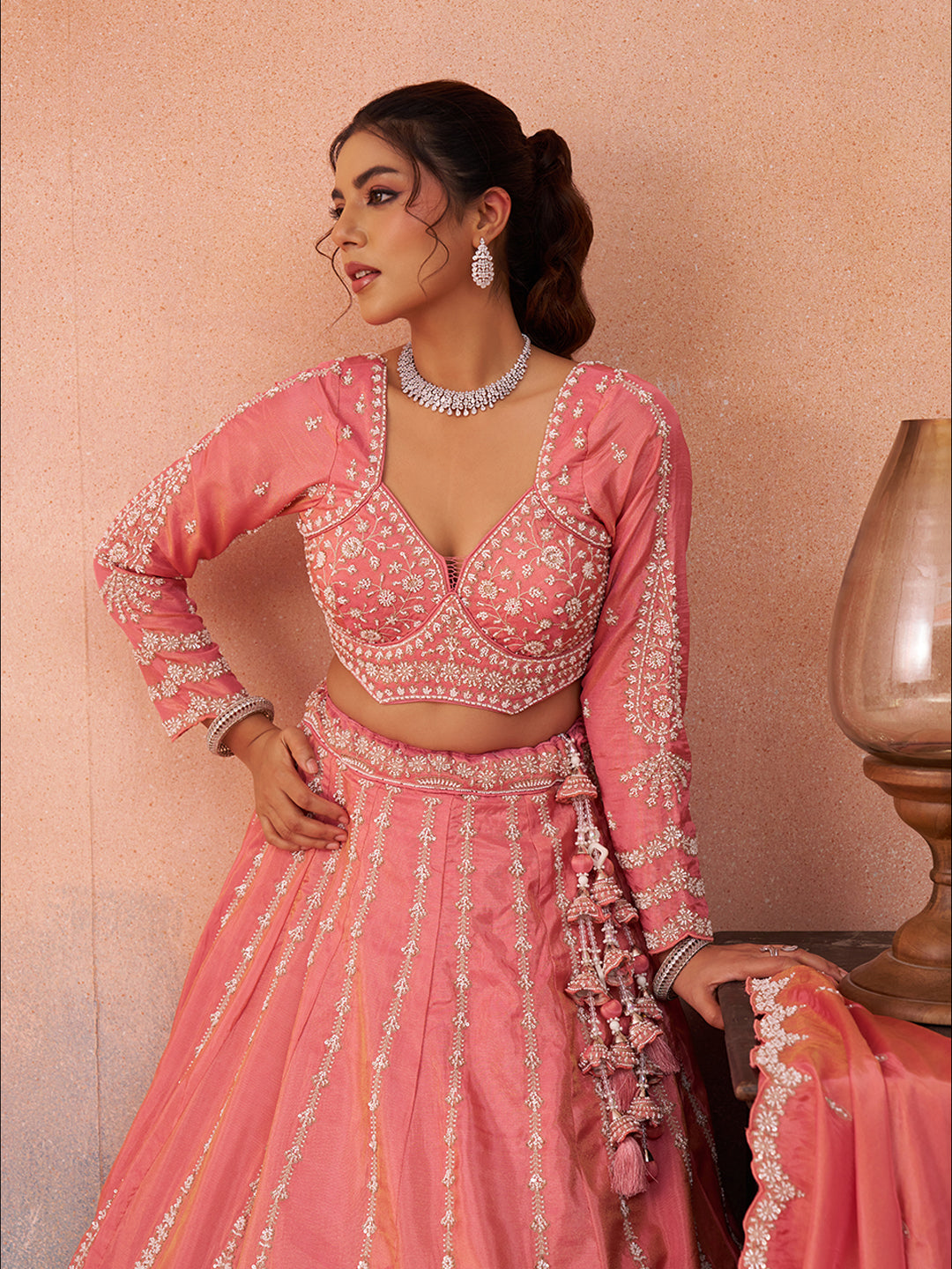 Peach Tissue Beads & Sequins Embroidered Lehenga Set