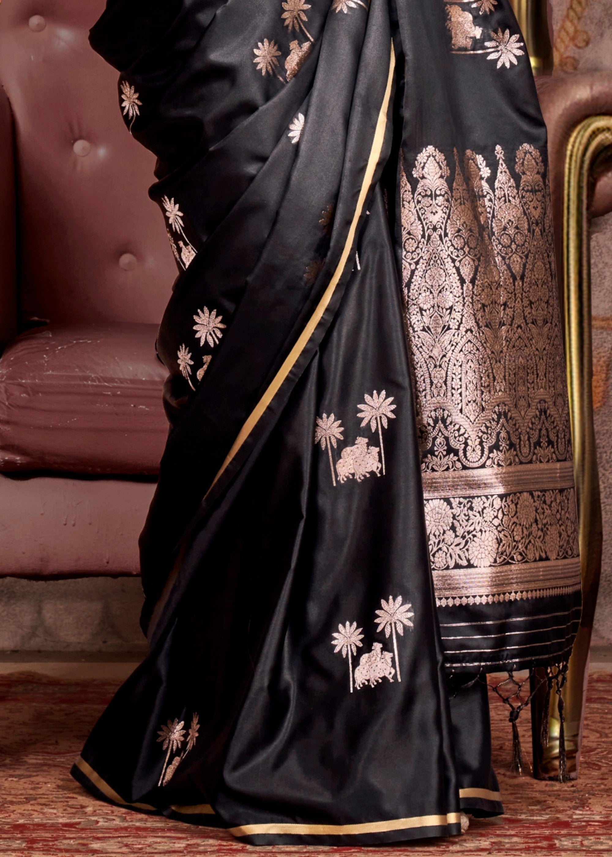 Black Pure Satin Handloom Weaving Silk Saree - qivii