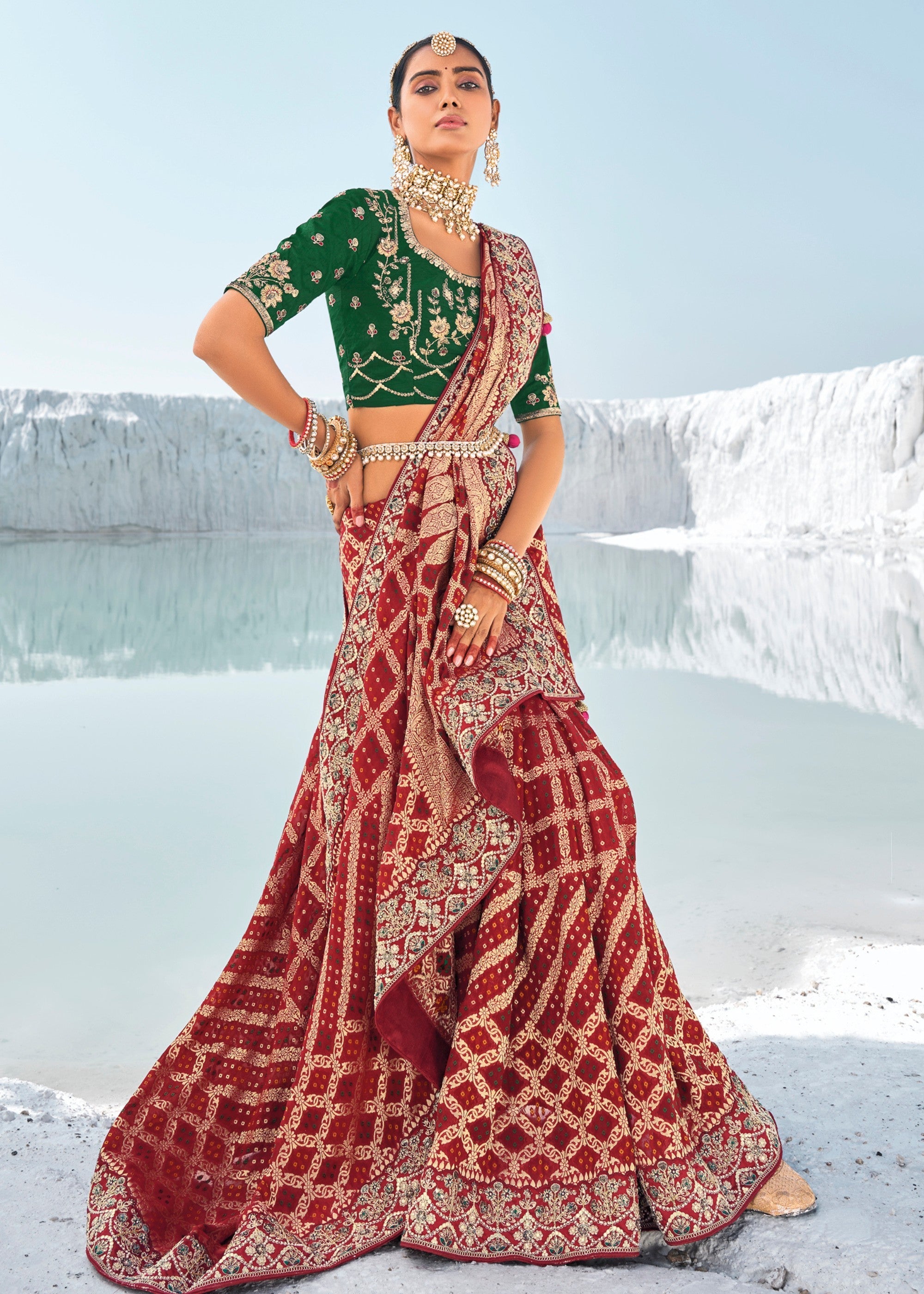 Maroon Pure Georgette Bandhani Patola With Zari Weaving Heavy Work Saree - qivii