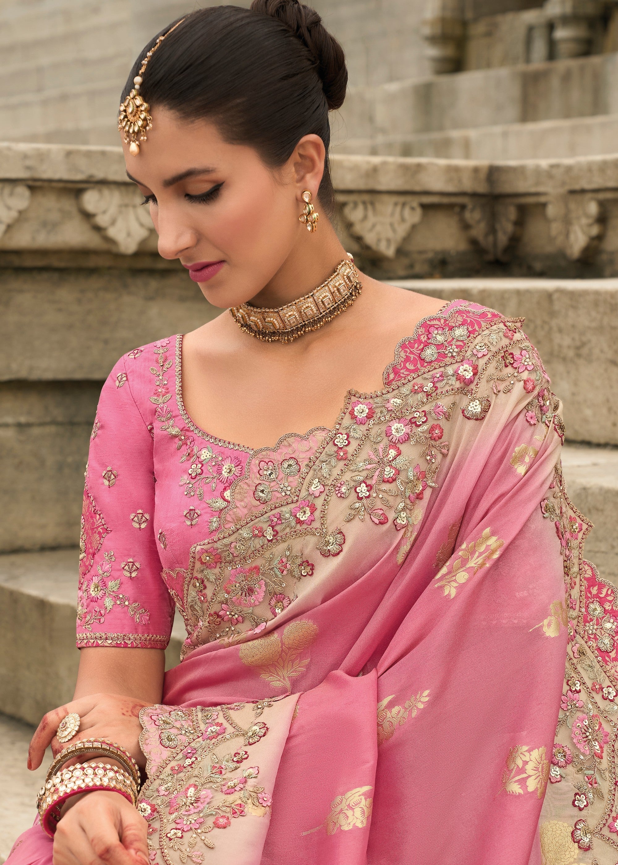 Blush Pink Viscose Tissue Silk Saree With Embroidery Cut Work Border And Sequence Work - qivii