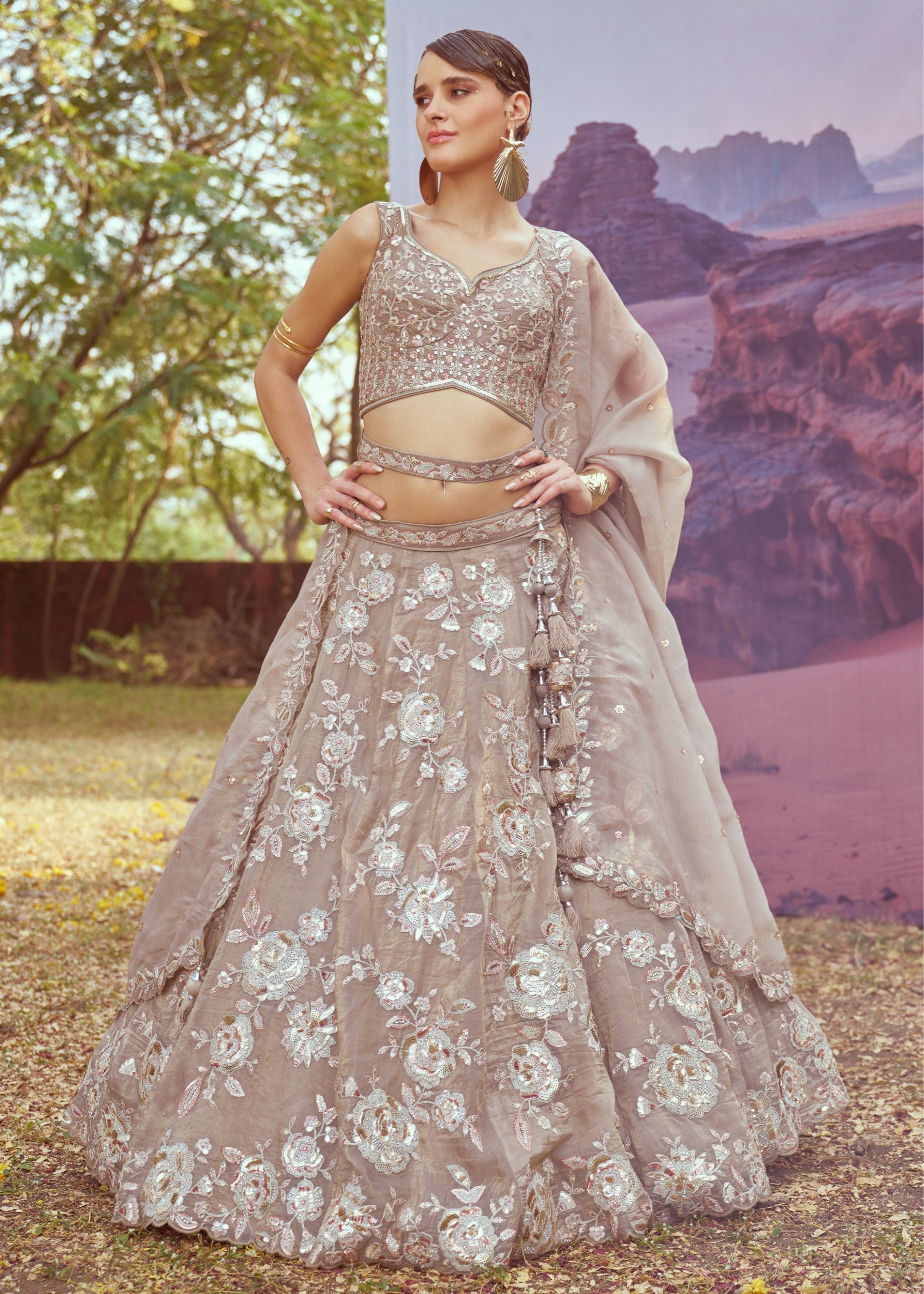 Beige Organza Sequins embroidery Lehenga | Ready To Wear - qivii