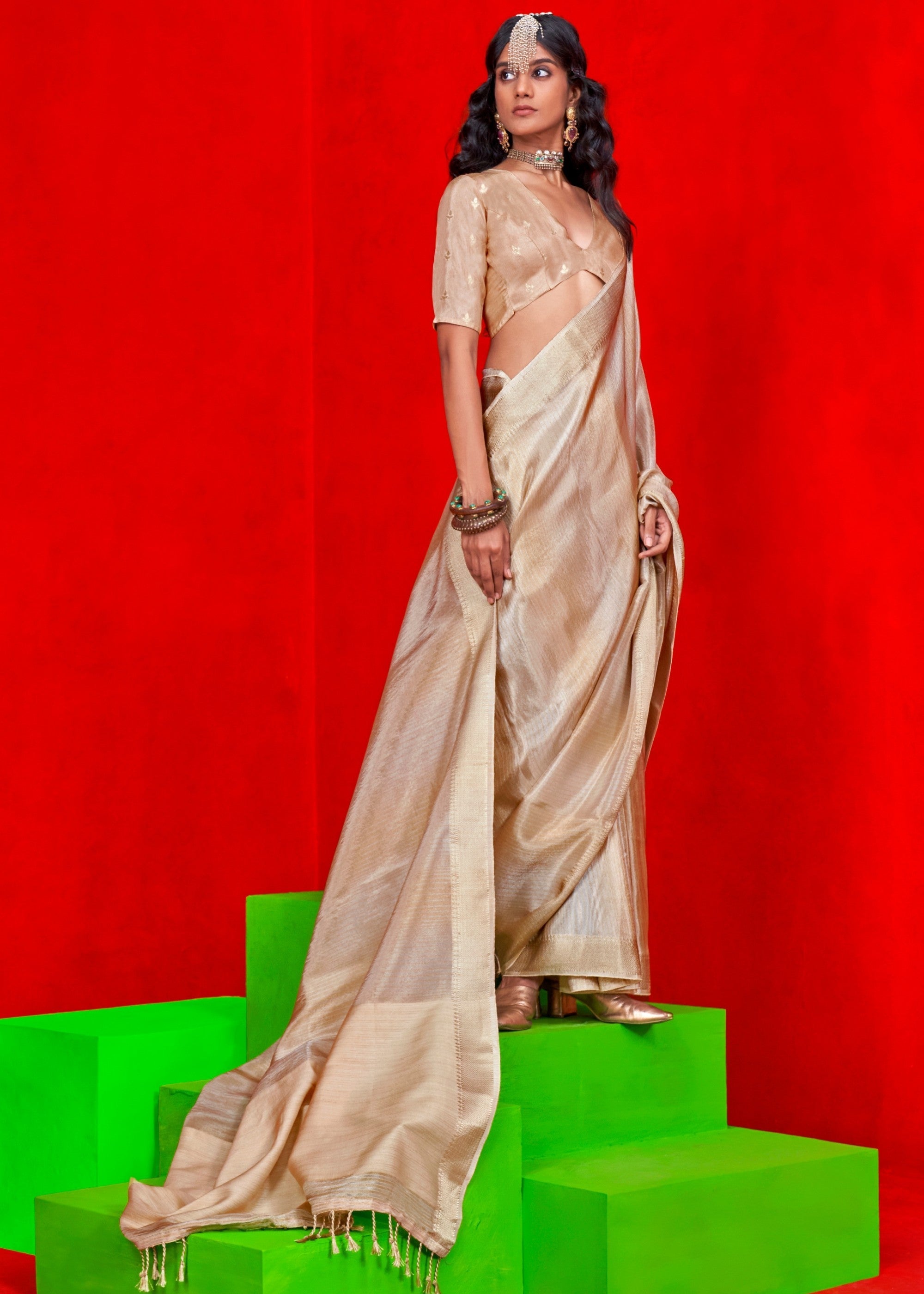 Off-White Pure Viscose Zari Tissue Saree - qivii