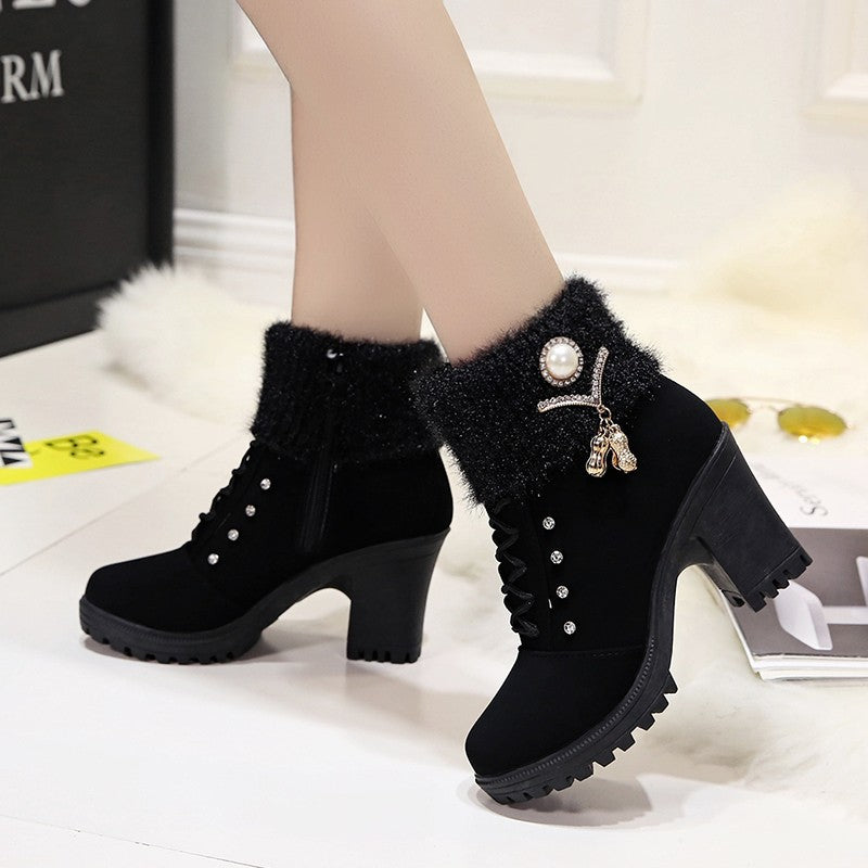 Women's Glam Knit-Cuff Boots - Rhinestone Decor Side Zip Block Heel Dress Boots (US 5-10)