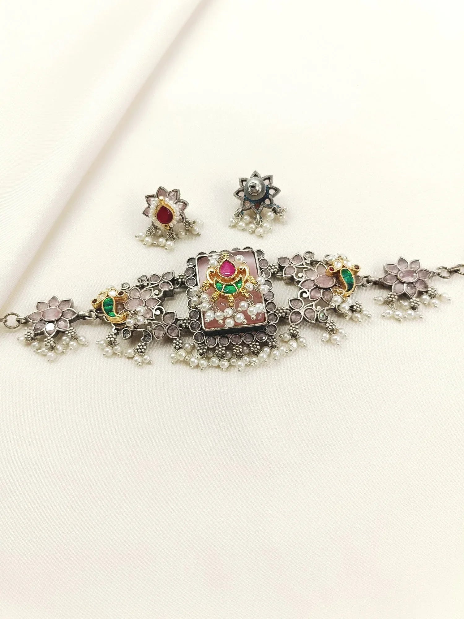 Celia Baby Pink Oxidized Choker Set