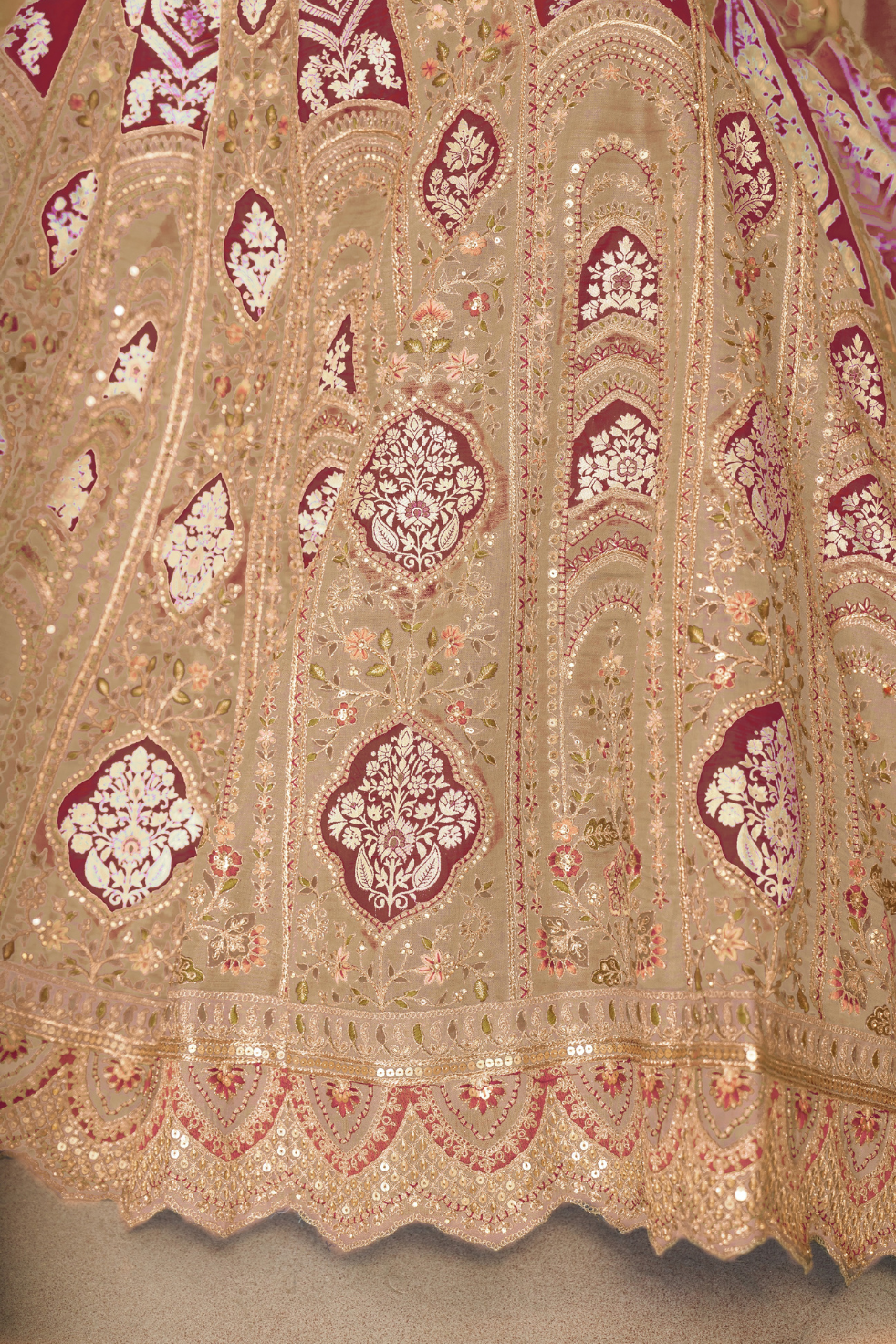 Champagne Chiku Aari Embroidered Banarasi Lehenga - qivii