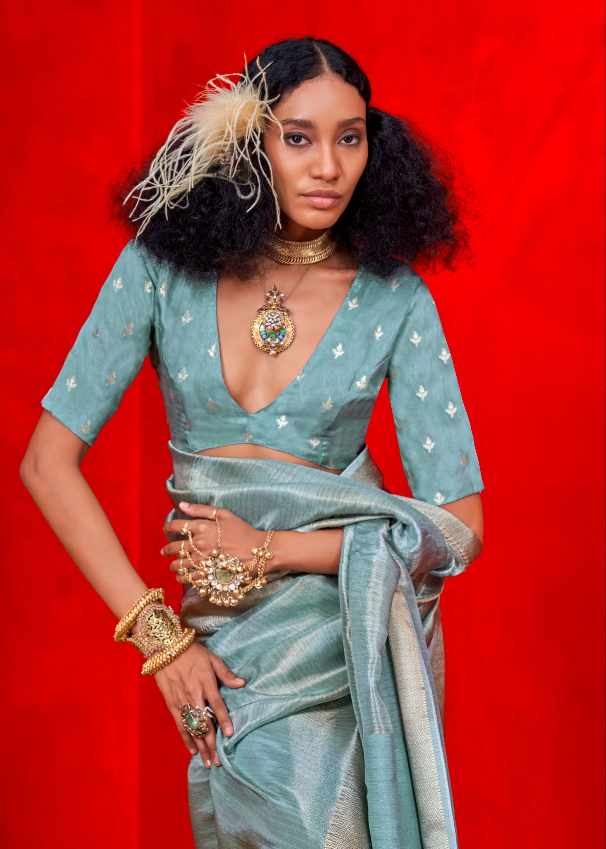 Sky-Blue Pure Viscose Zari Tissue Saree - qivii