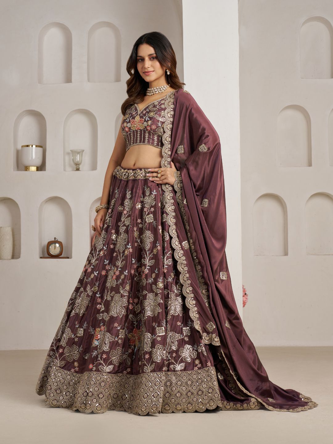 Designer Onion Color Lehenga Choli with Golden Floral Detailing